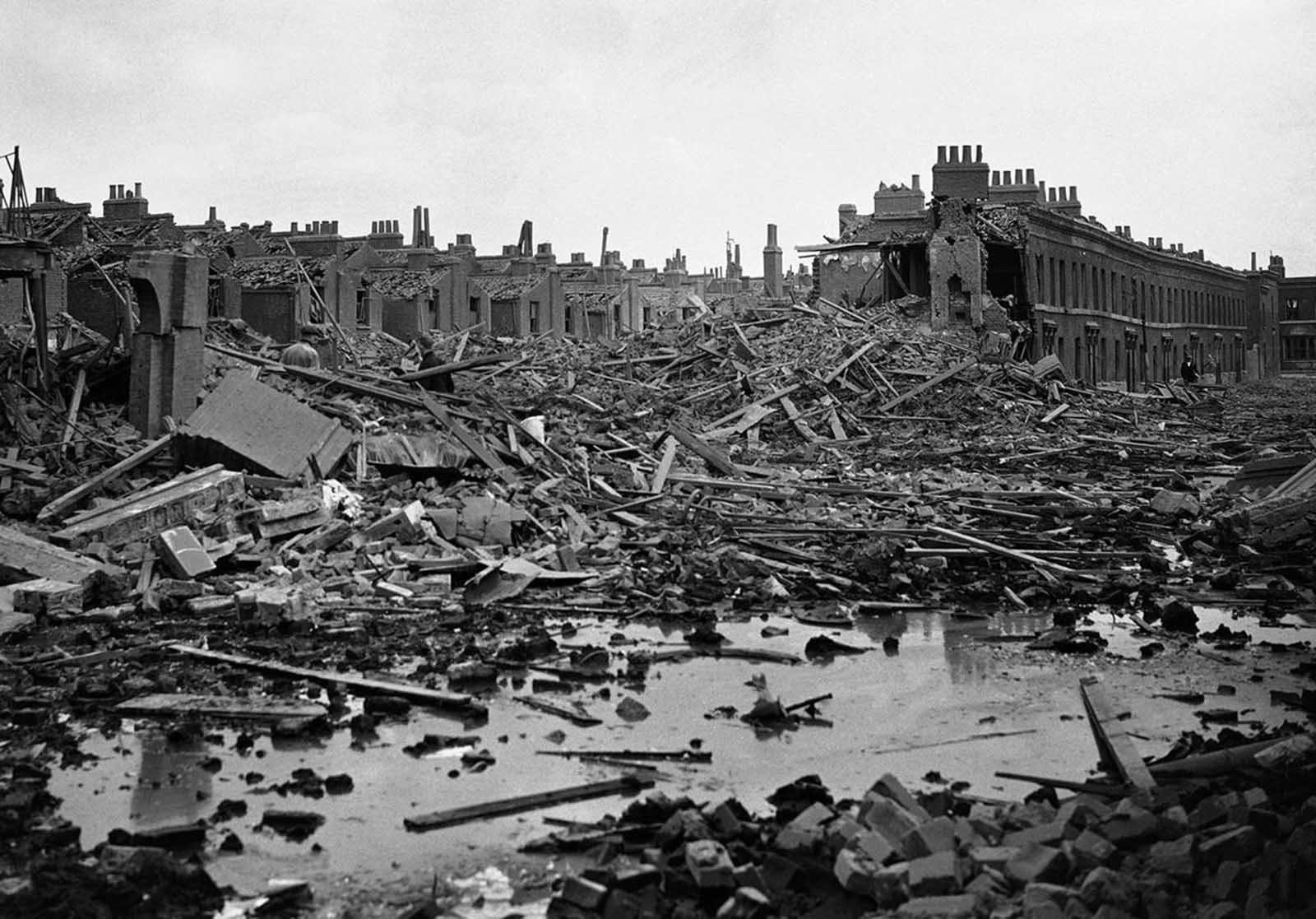 A scene of devastation in the Dockland area of London attacked by German bomber on September 17, 1940.