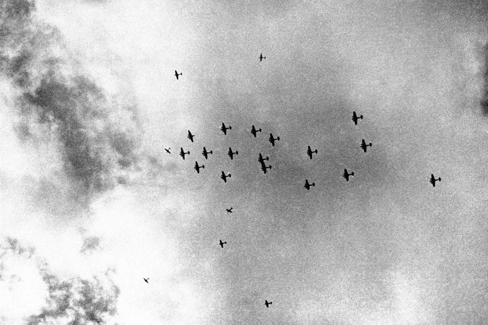 British Blenheim bombers setting out on a raid in Cyrenaica, Libya, with their escorting fighters, on February 26, 1942.