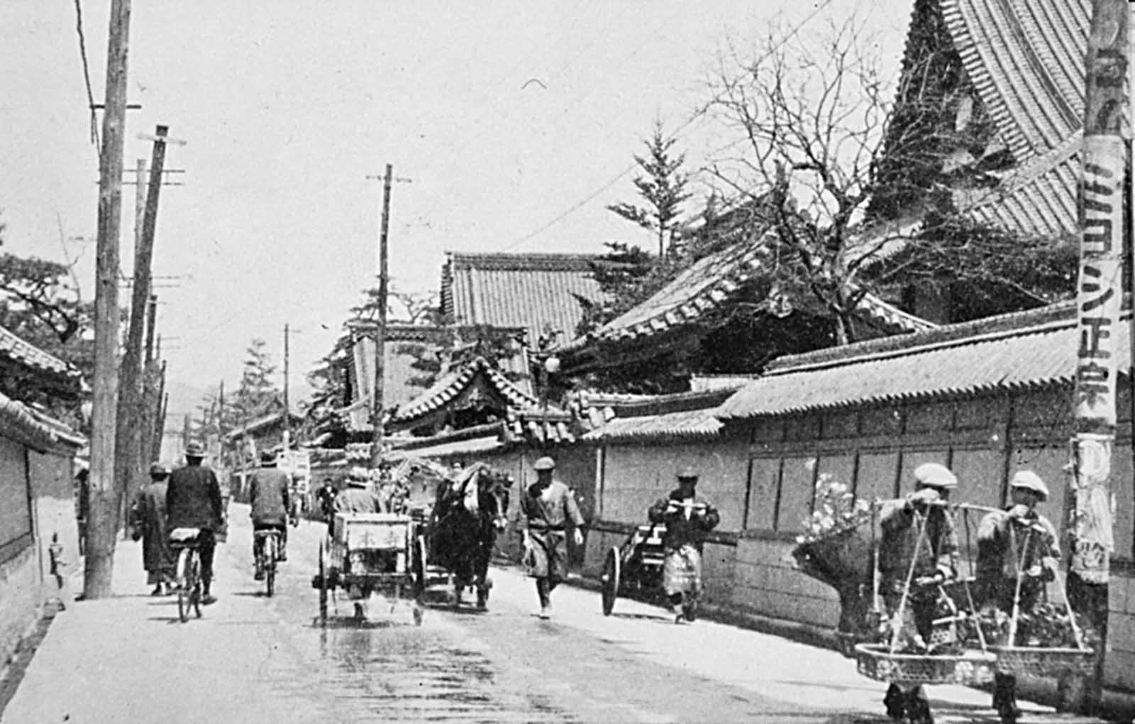 Looking northeast along Teramachi, the Street of Temples, in pre-war Hiroshima. This district was completely ruined.