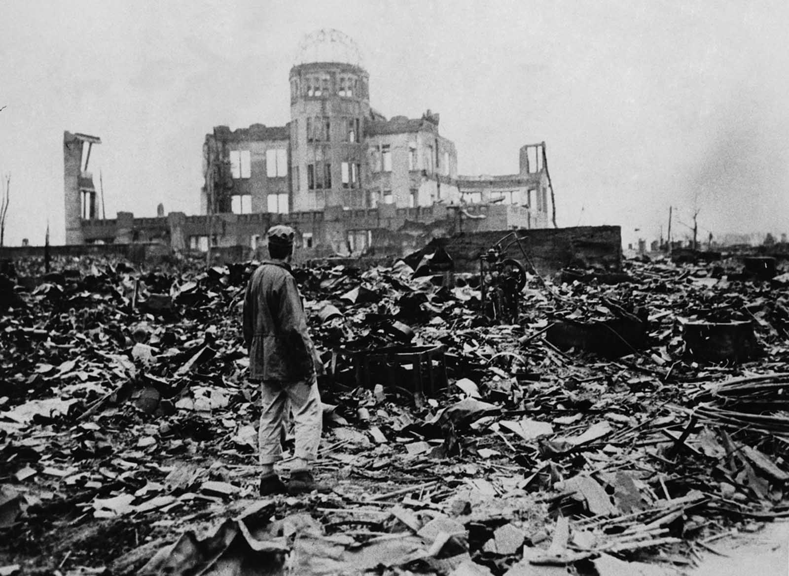 A huge expanse of ruins left after the explosion of the atomic bomb in Hiroshima.