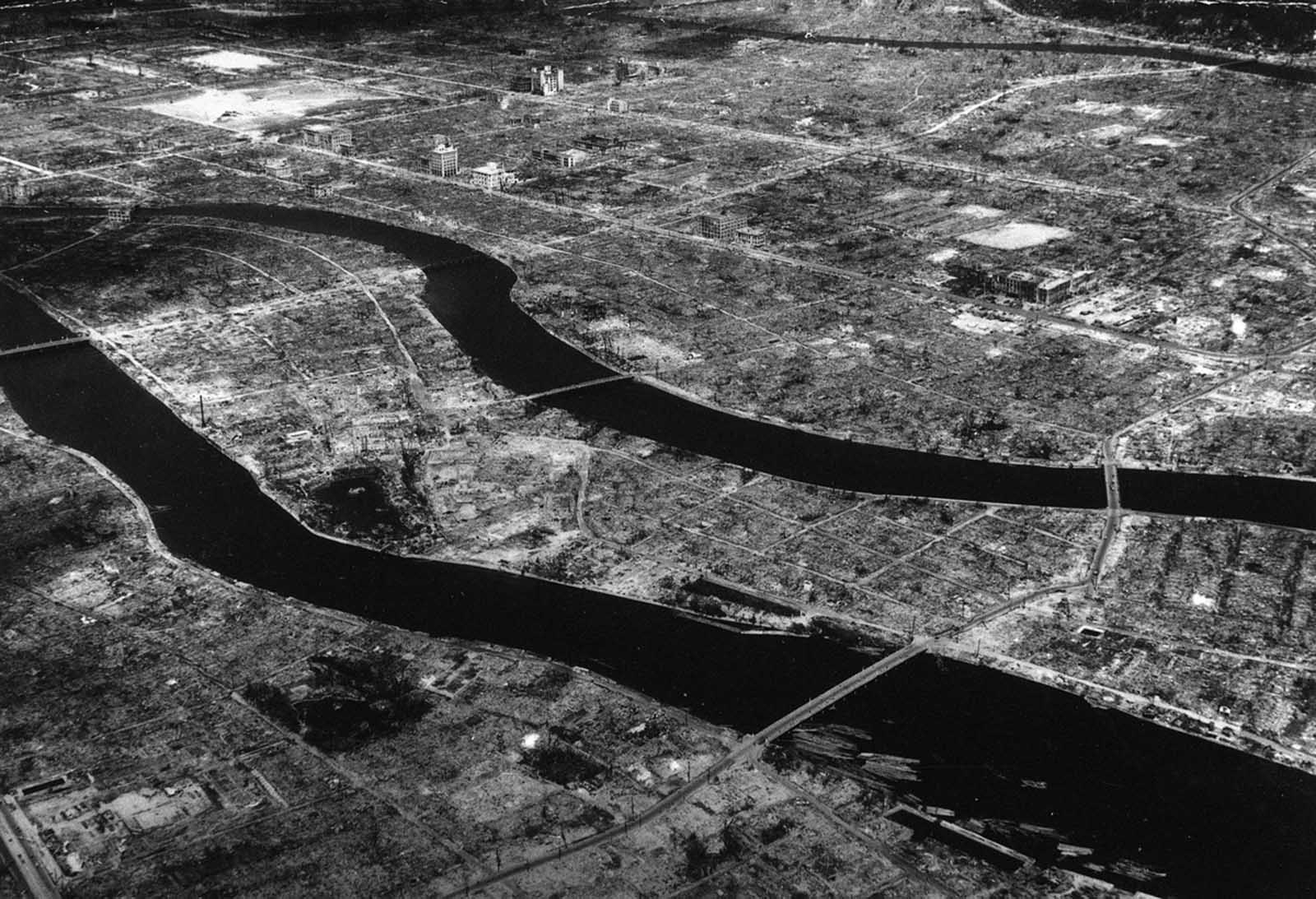 An aerial view of Hiroshima, some time after the atom bomb was dropped on this Japanese city. Compare this with pre-war photo number 5 above.