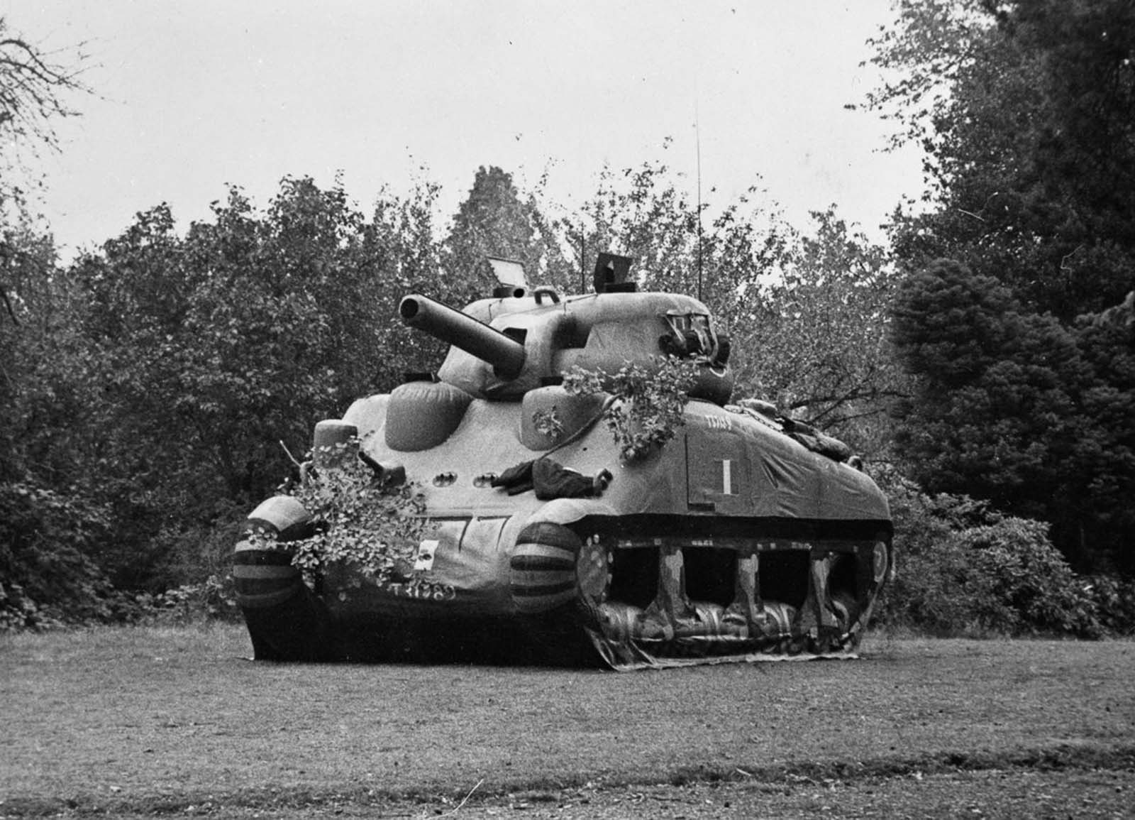 An inflatable Sherman tank, one of many dummy tanks made to deceive the enemy. Dummy tanks were used as part of Operation Fortitude, the scheme to convince the Germans that the D-Day landings would be at Calais rather than Normandy.