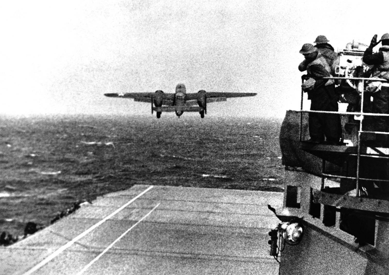 A U.S. Army Air Force B-25B bomber leaves the deck of the USS Hornet, for the historic raid on Tokyo under Maj. Gen. James Doolittle, on April 18, 1942. Each aircraft carried three 500-pound high-explosive bombs and one incendiary bomb.