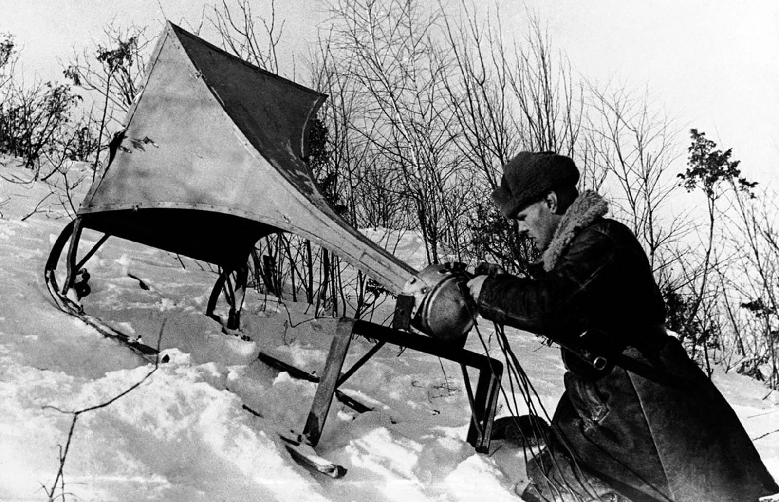 A field loud-speaker is set up to broadcast propaganda to German soldiers, somewhere in Russia, on April 21, 1942.