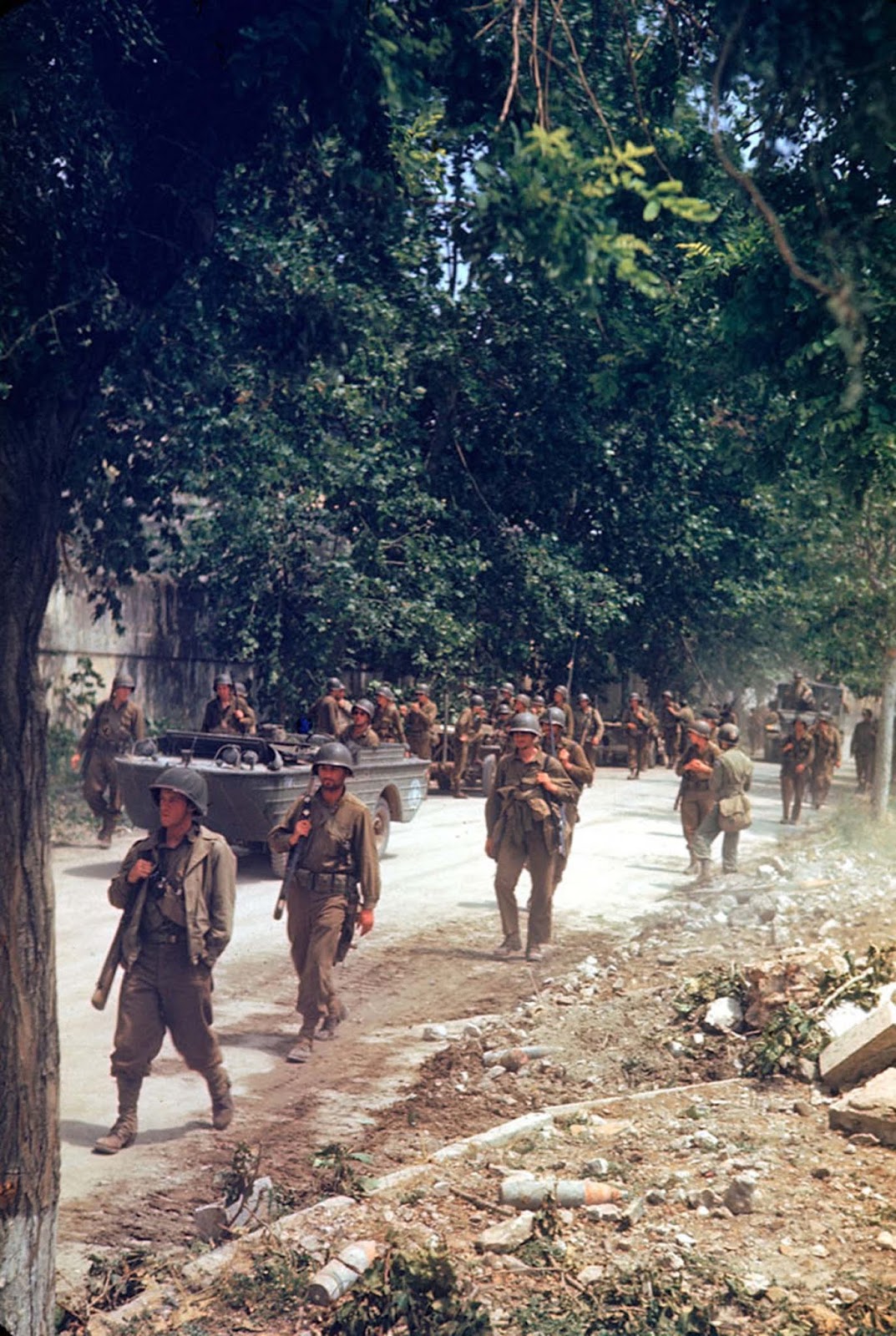 American soldiers marched up the Appian Way during the drive towards Rome in World War II.
