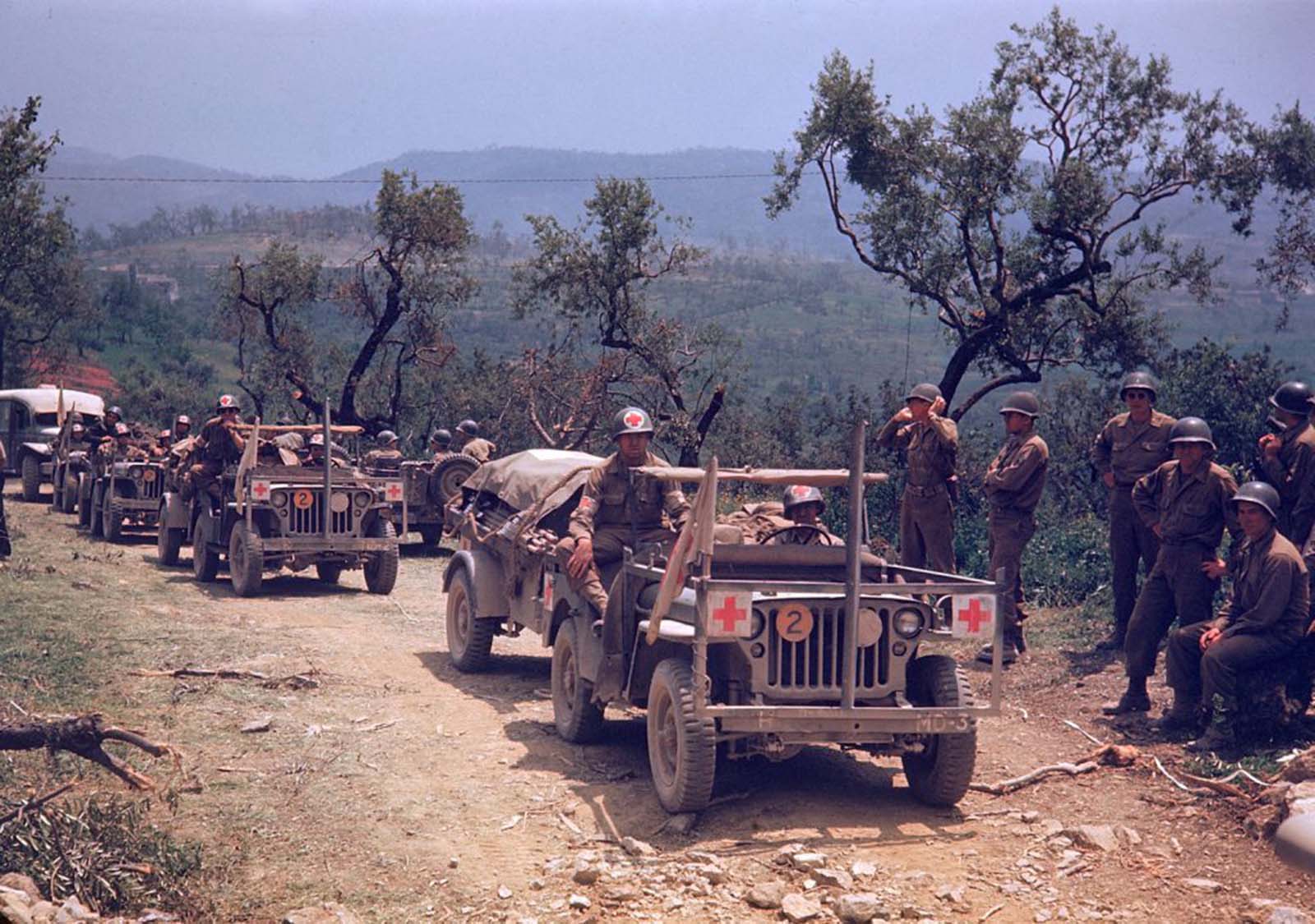 A column of American medical vehicles during the drive towards Rome, World War II.