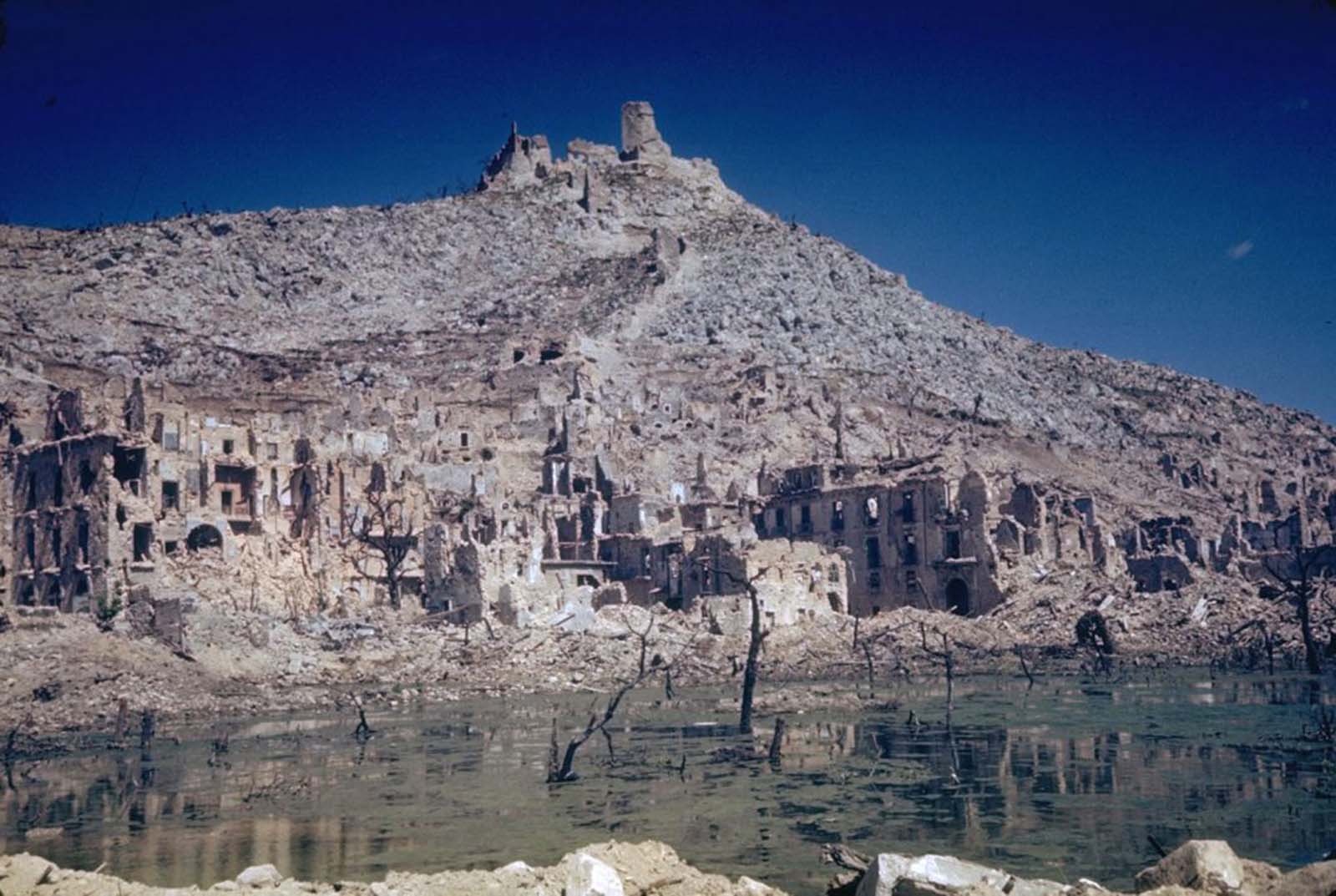 Ruins of the town of Monte Cassino, a result of massive Allied bombing during an attempt to dislodge German troops occupying the city, 1944.