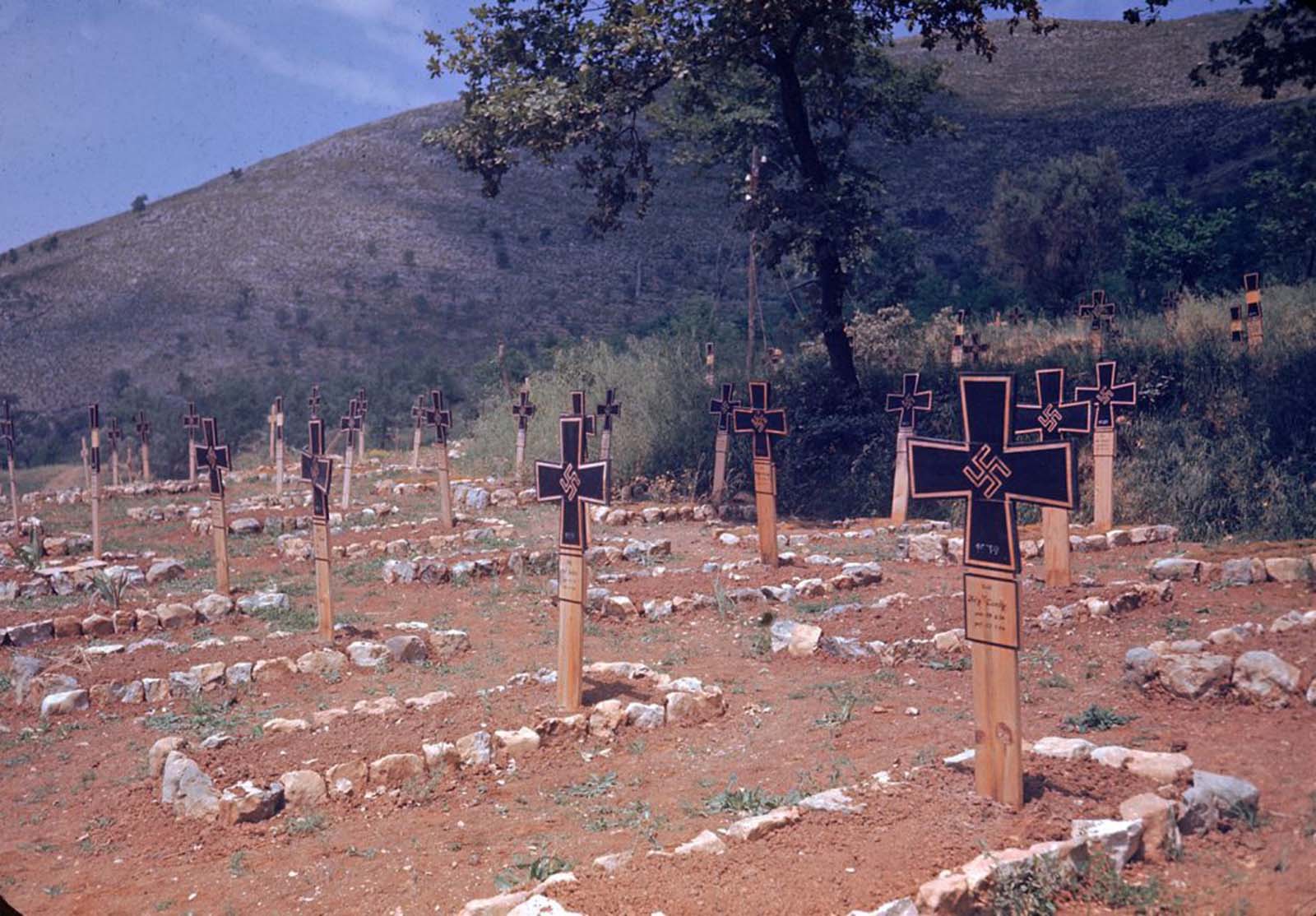 A German graveyard along the Esperia Road, photographed during the Allied drive towards Rome, World War II.