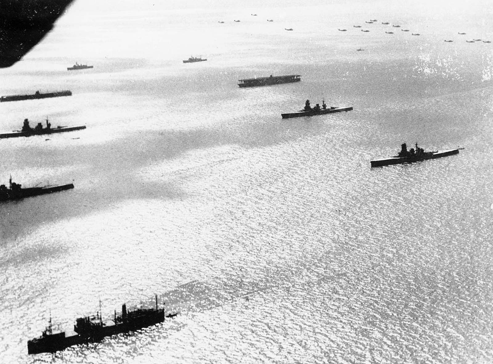 This aerial view shows Japan's home fleet, arrayed in battle line, on October 29, 1940, off the coast of Yokohama, Japan.