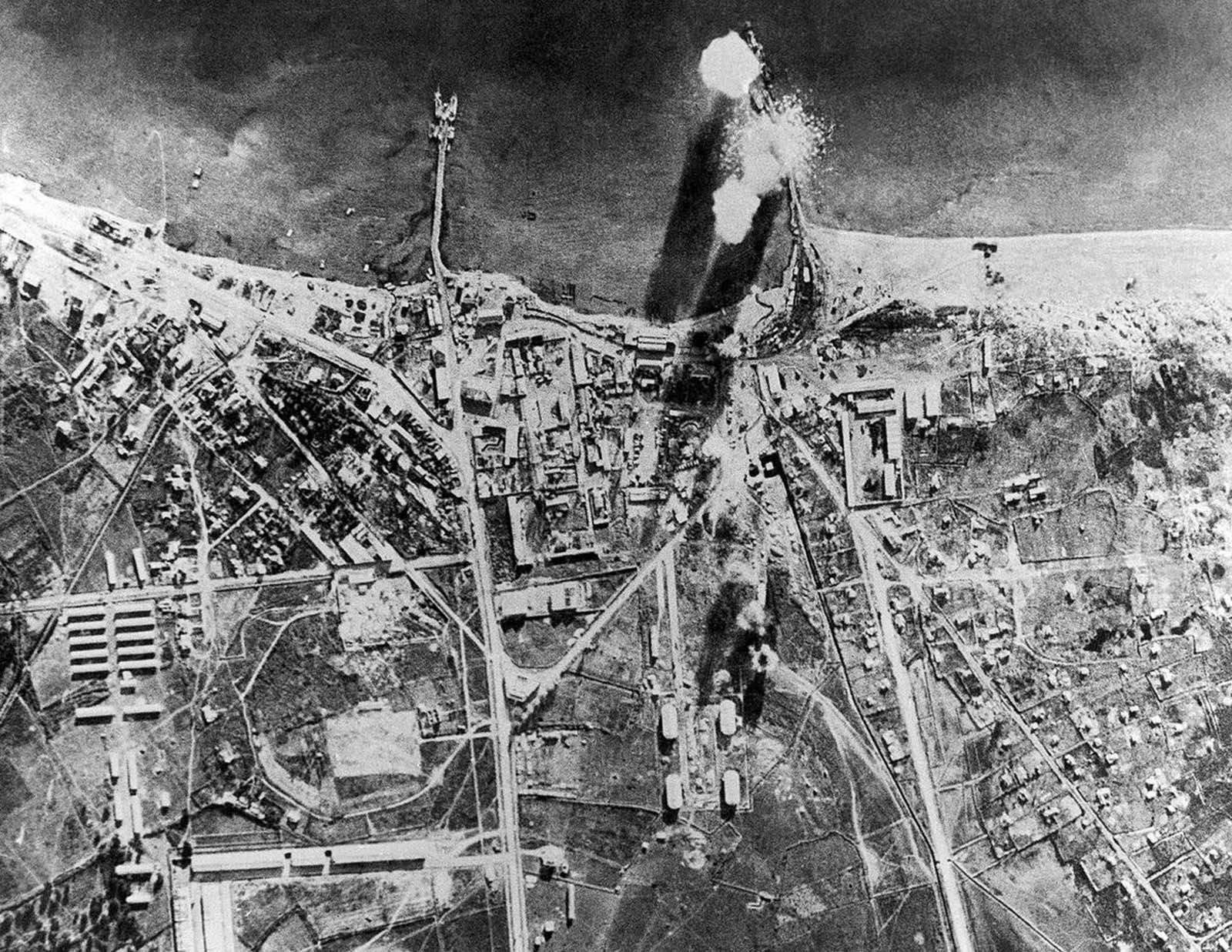 Royal Air Force bombers carry out a raid on the Italian-occupied port city of Valona, Albania on January 11, 1941.