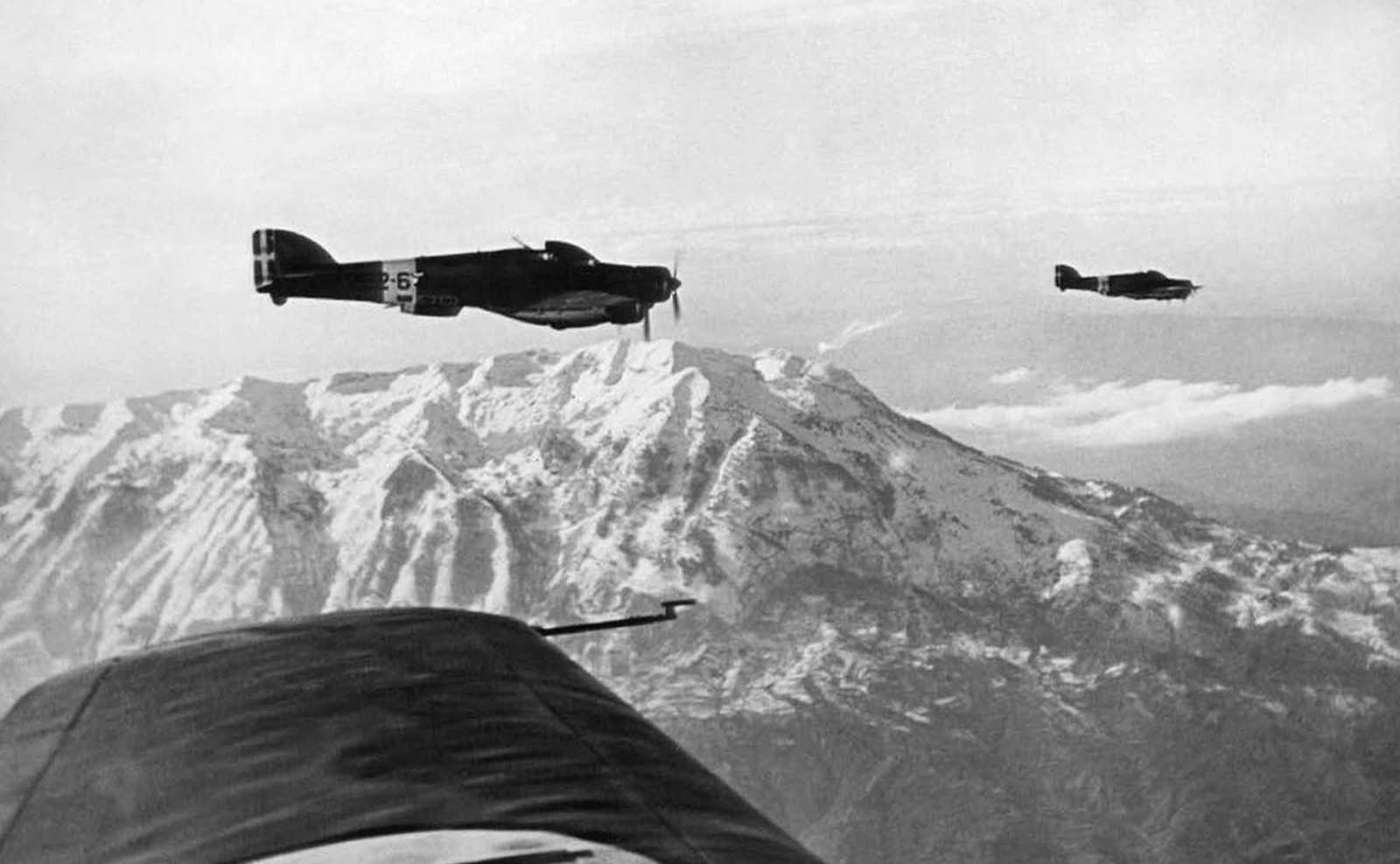 Italian bombers on their way to war action on the Albanian-Greek frontier, on January 9, 1941. Italian armies had launched an invasion of Greece from Albanian territory on October 28, 1940.