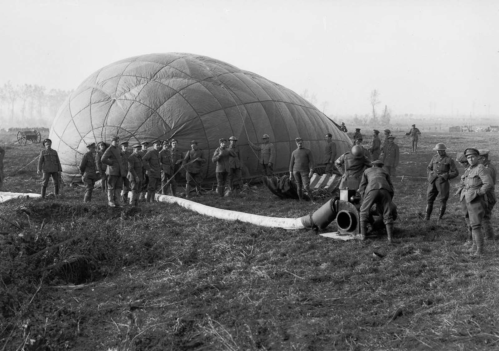An observation balloon is inflated near Ypres, Belgium. 1917.
