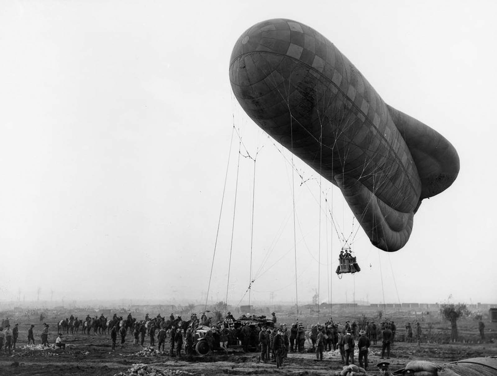 An observation balloon is launched near Ypres, Belgium to spot enemy artillery. 1917.