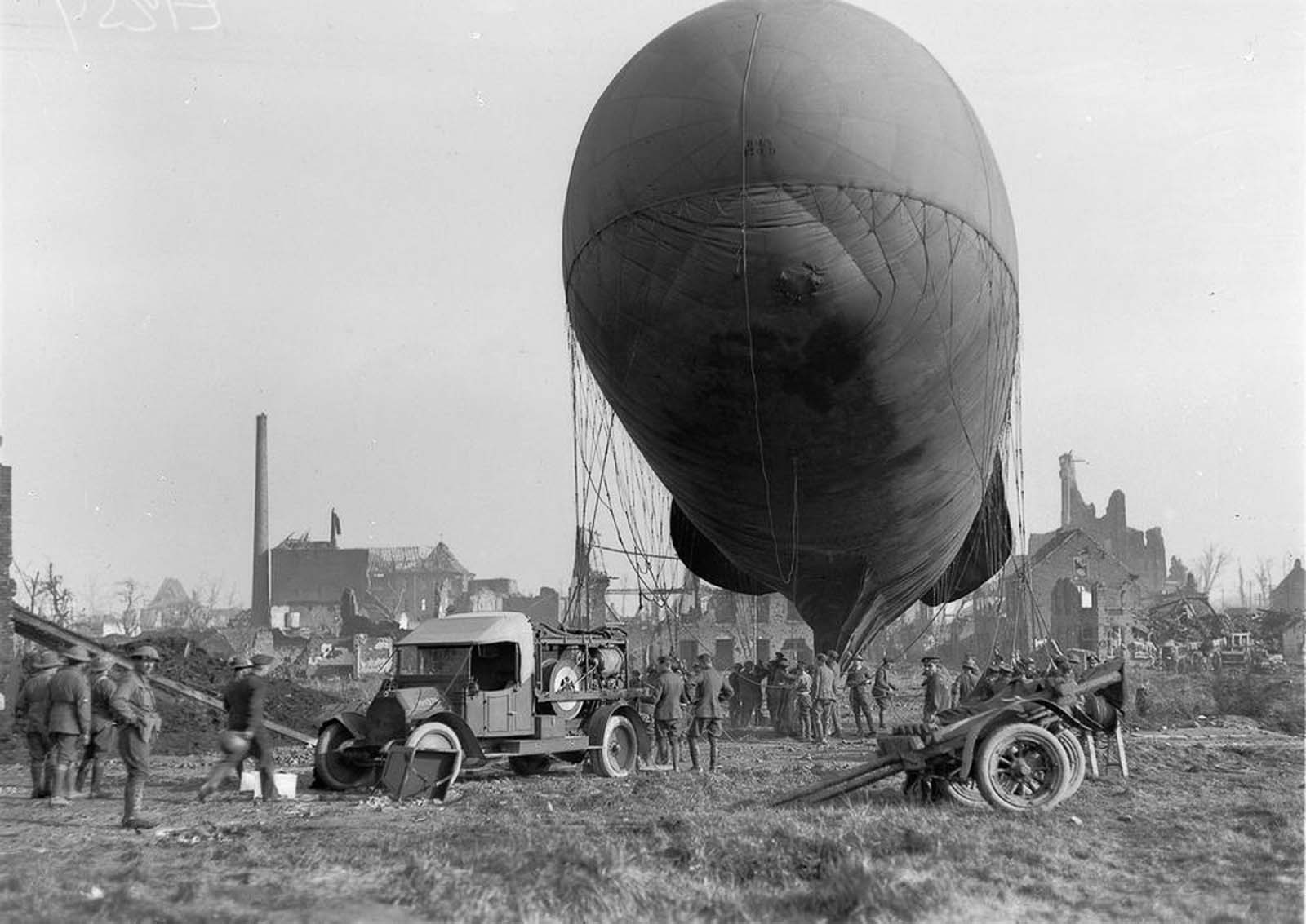 An observation balloon is prepared for ascent in Ypres, Belgium. 1917.