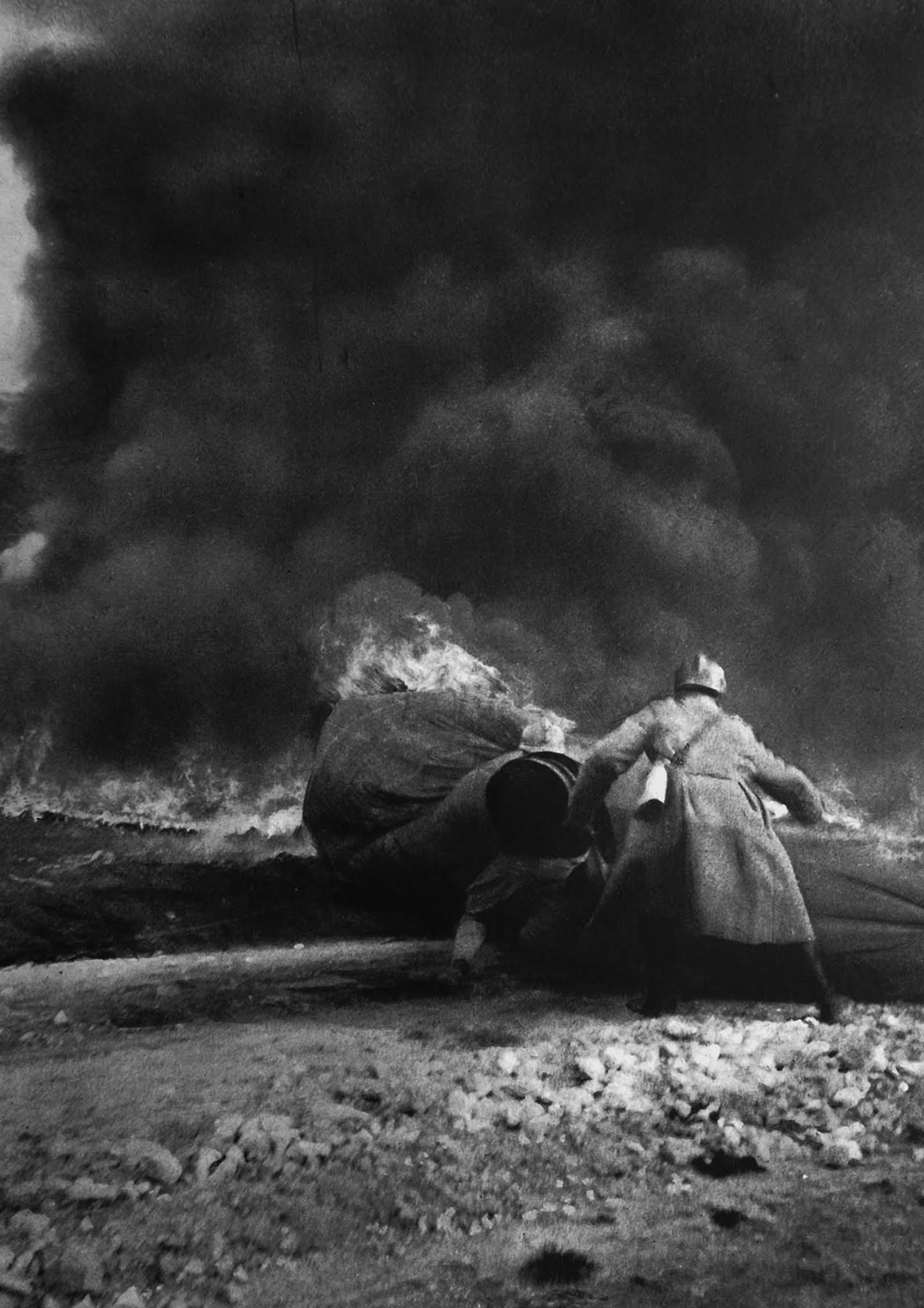 A balloon burns on the ground after a German aerial attack. 1916.