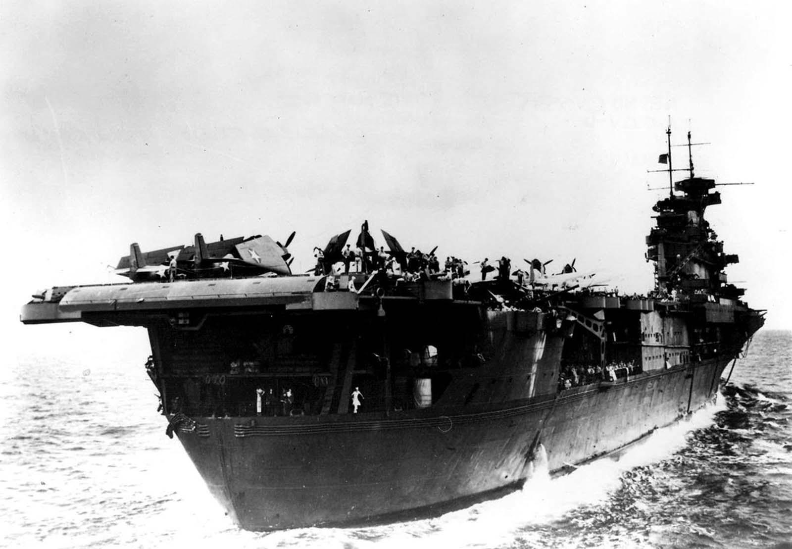 View showing the stern quarter of the aircraft carrier USS Enterprise in the Pacific in 1942.