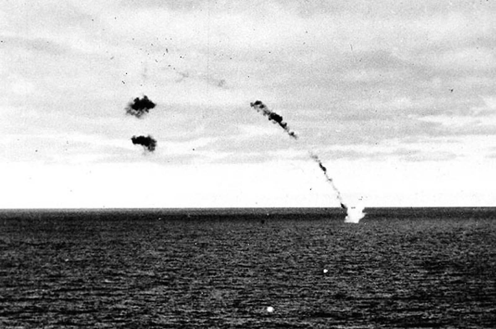 A Japanese Type 97 attack aircraft is shot down while attempting to carry out a torpedo attack on USS Yorktown, during the mid-afternoon of 4 June 1942.