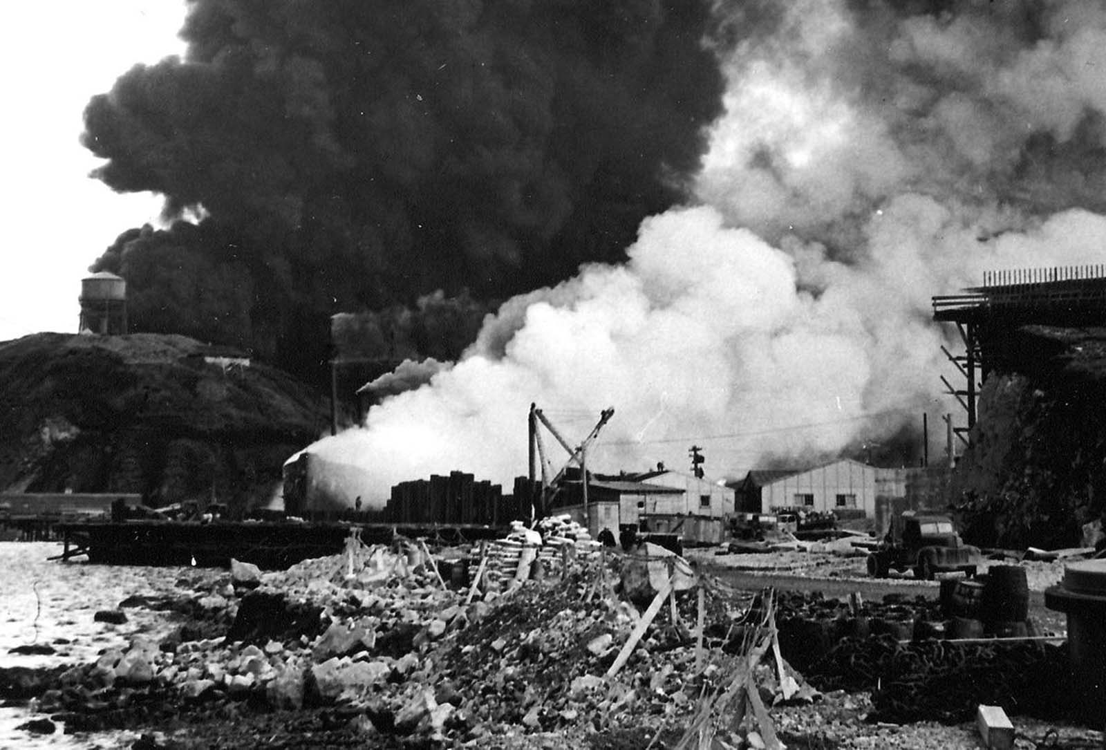 Bombing of SS Northwestern and oil tanks in Dutch Harbor, Alaska, by Japanese carrier-based aircraft on June 4, 1942.