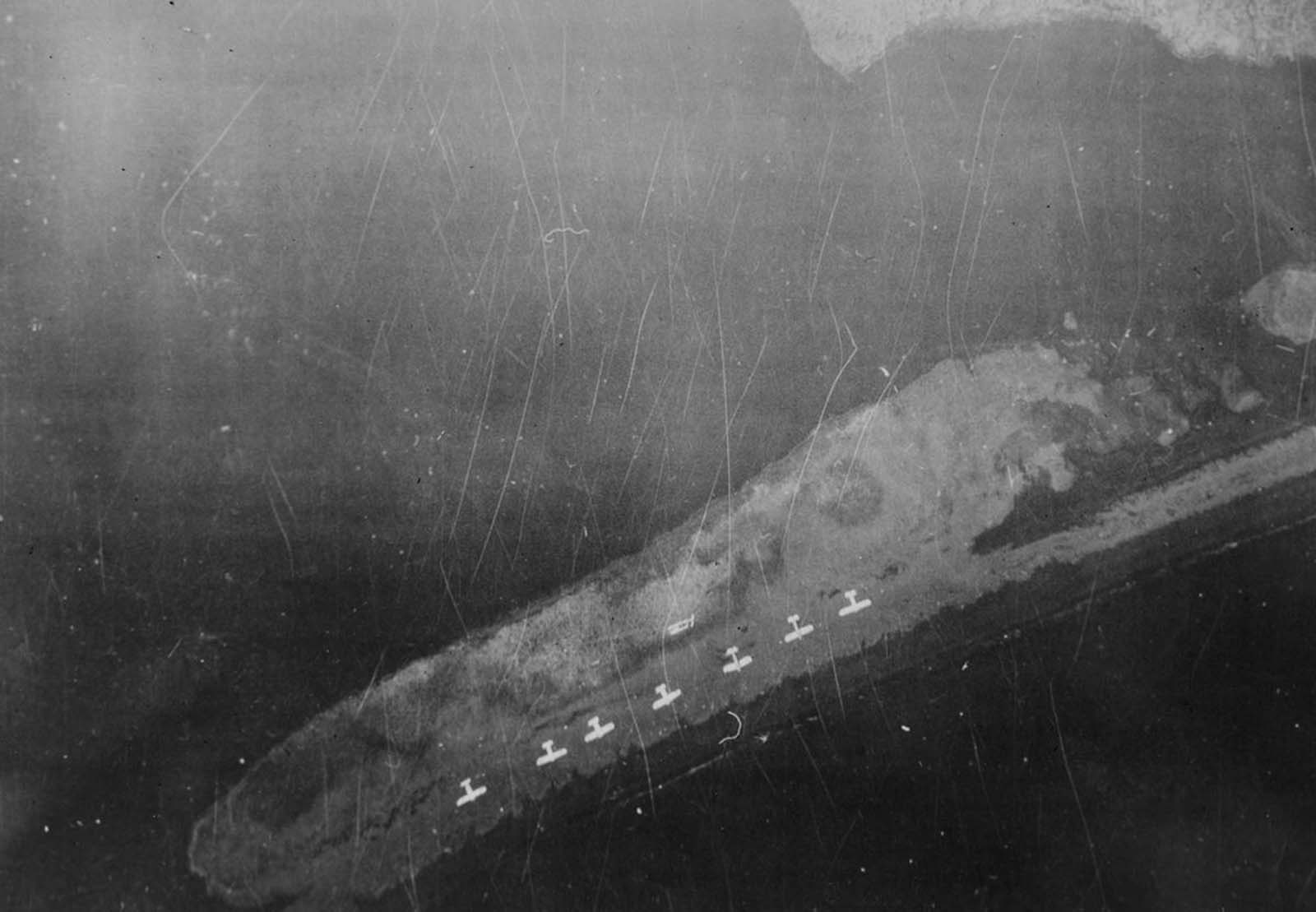Decoy aircraft are laid out by occupying Japanese forces on a shoreline on Kiska Island on June 18, 1942.