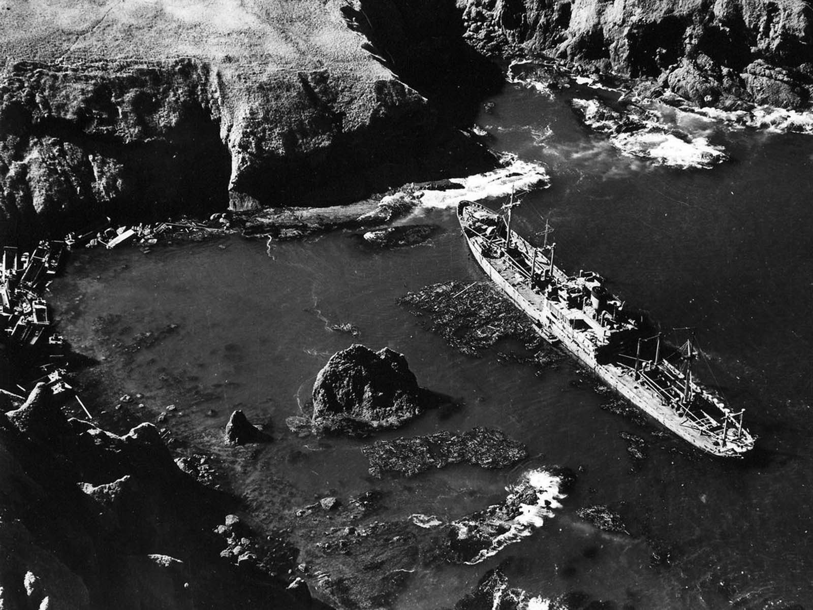 Japanese ship aground in Kiska Harbor, on September 18, 1943.