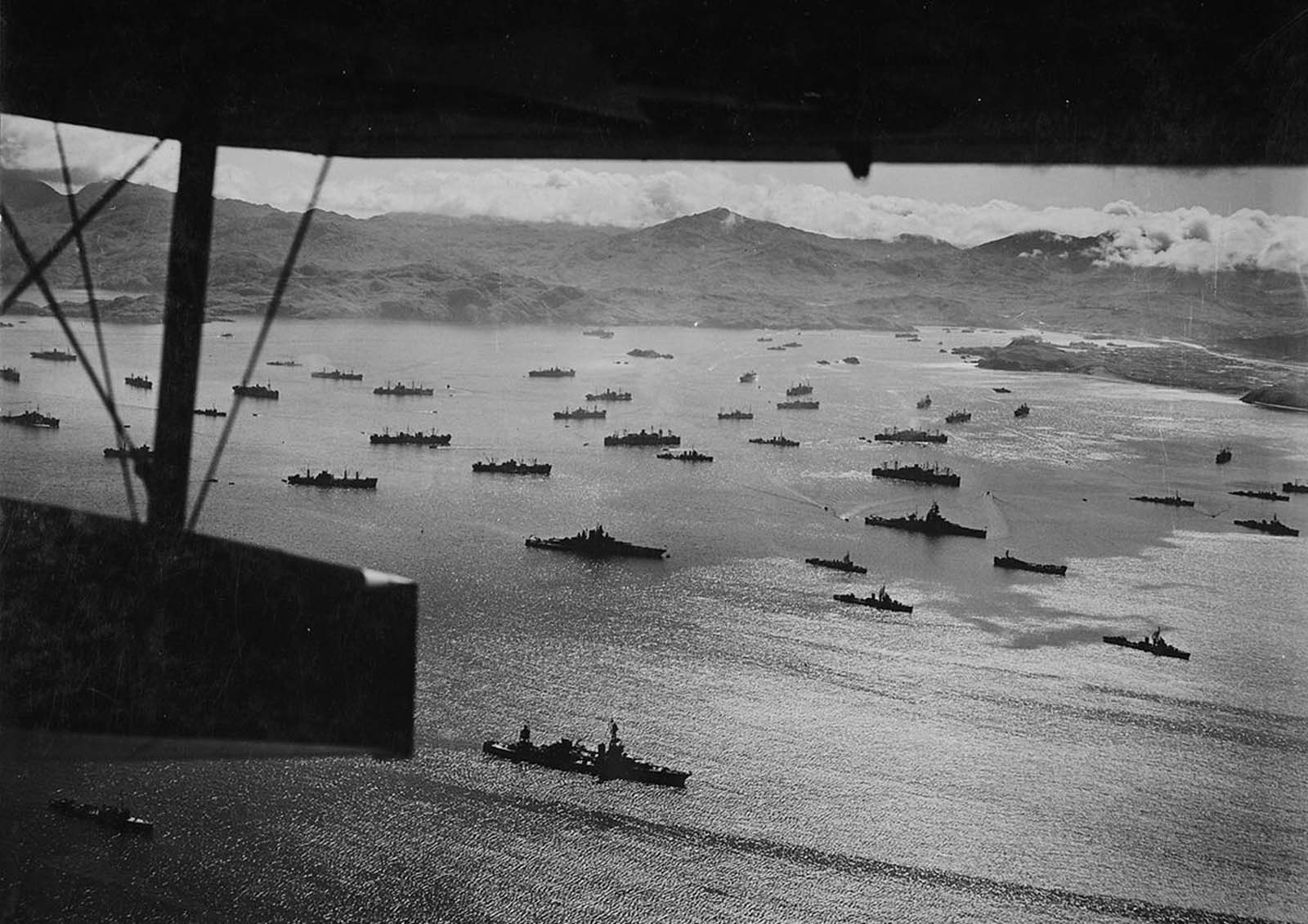 Adak Harbor in the Aleutians, with part of huge U.S. fleet at anchor, ready to move against Kiska in August of 1943.