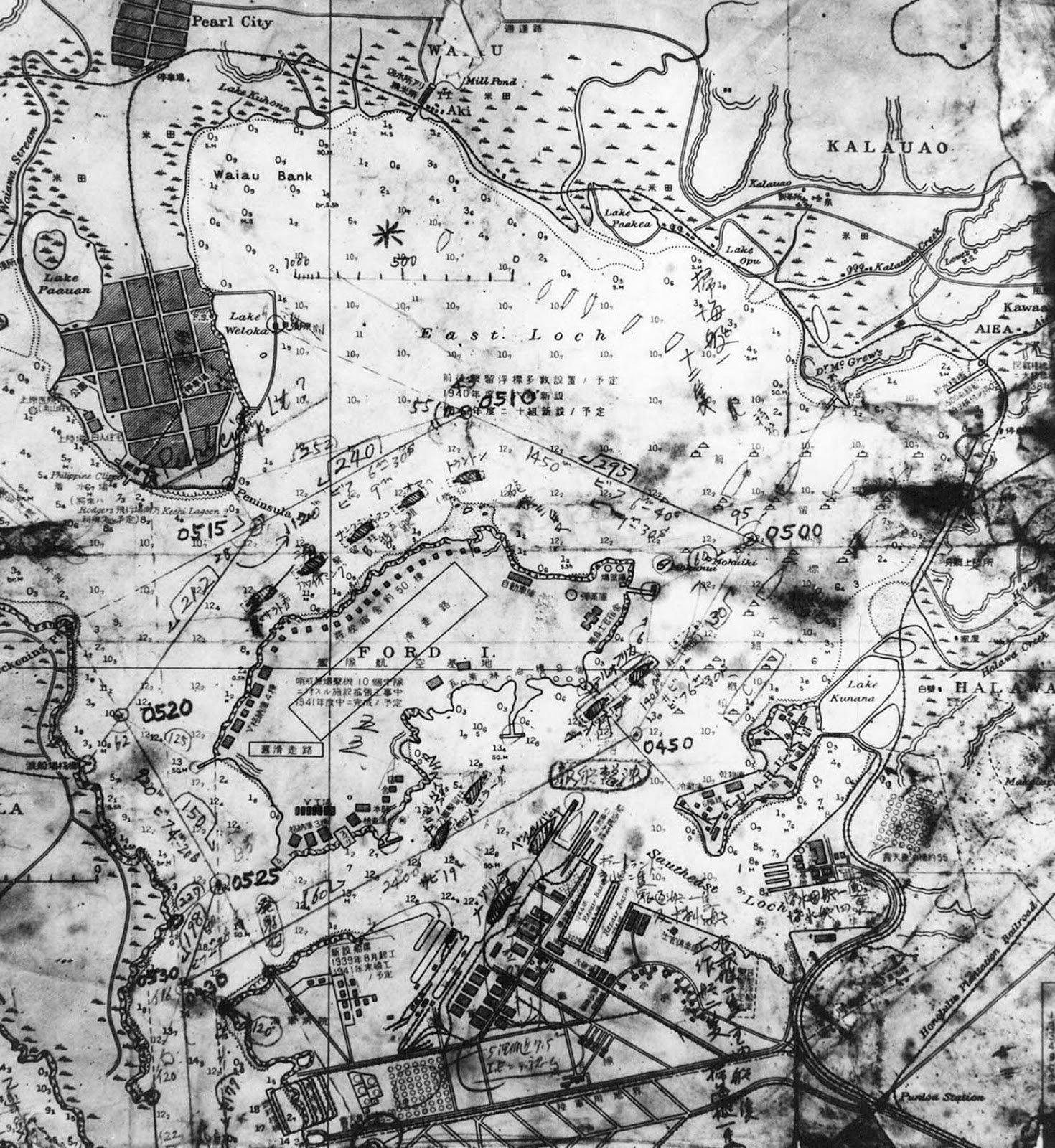 A map of Pearl Harbor recovered from a captured Japanese midget submarine.
