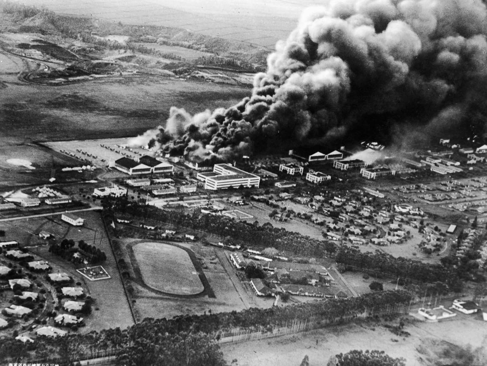 Hangars and aircraft burn at Wheeler Airfield near Pearl Harbor.