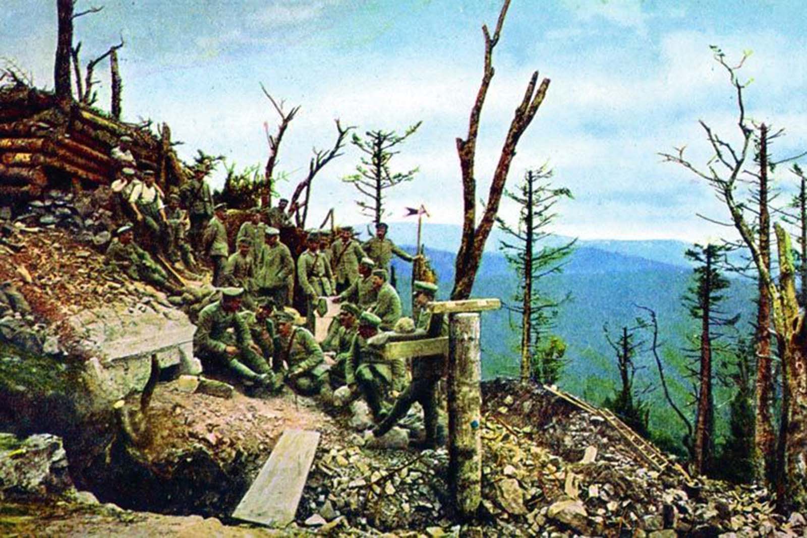 A scene over Hartmannsweiler Kopf. When Hildenbrand went to photograph the front lines in the summer of 1916, many of the troops had been stationed around this strategic mountain for more than a year.