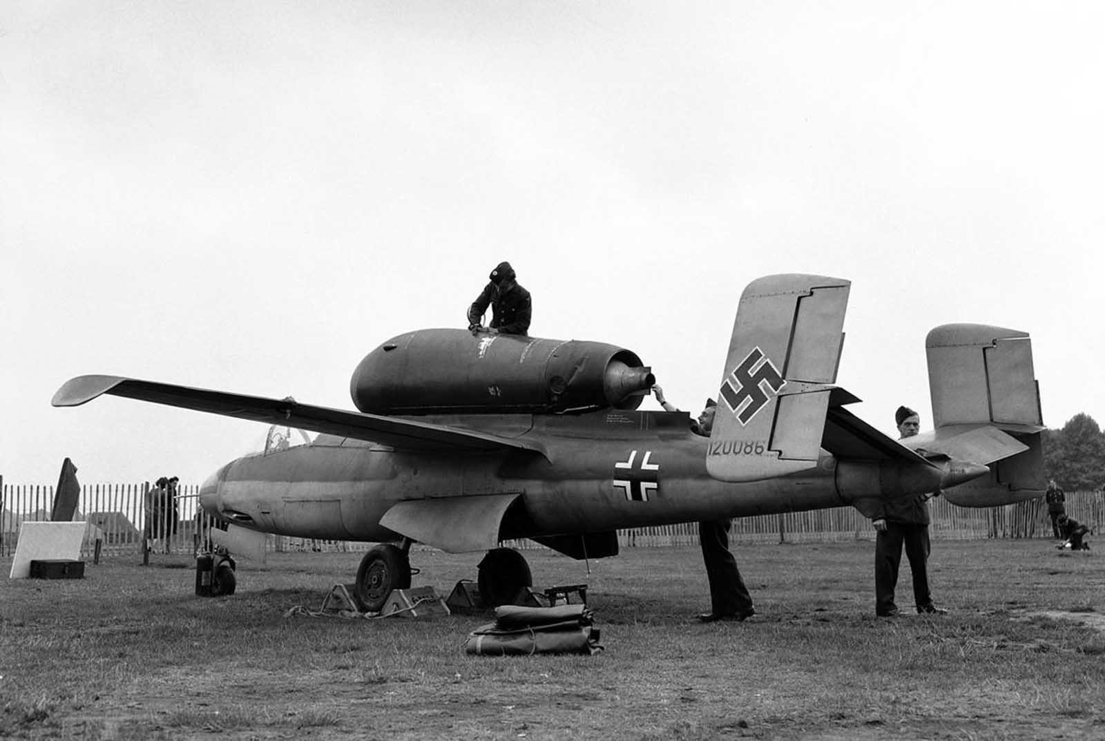 Many of Germany's captured new and experimental aircraft were displayed in an exhibition as part of London's Thanksgiving week on September 14, 1945. Among the aircraft are a number of jet and rocket propelled planes. Here, a side view of the Heinkel He-162