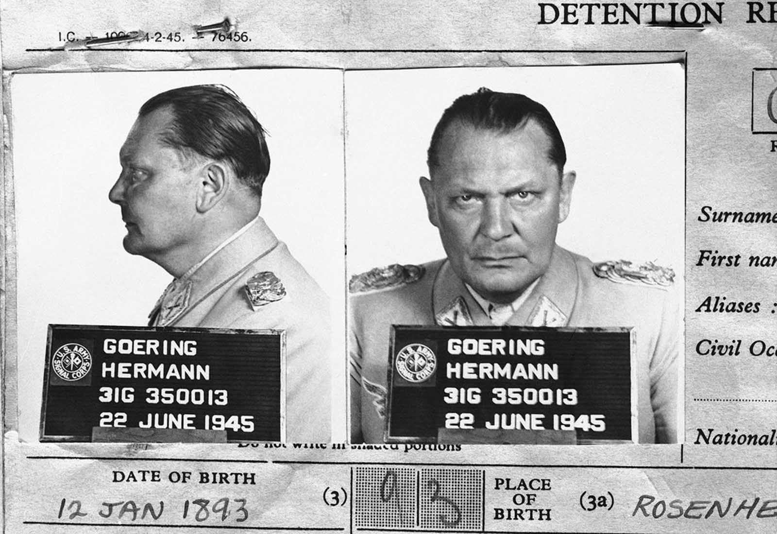 Hermann Goering, once the leader of the formidable Luftwaffe and second in command of the German Reich under Hitler, appears in a mugshot on file with the Central Registry of War Criminals and Security Suspects in Paris, France, on November 5, 1945. Goering surrendered to U.S. soldiers in Bavaria, on May 9, 1945, and was eventually taken to Nuremburg to face trial for War Crimes.