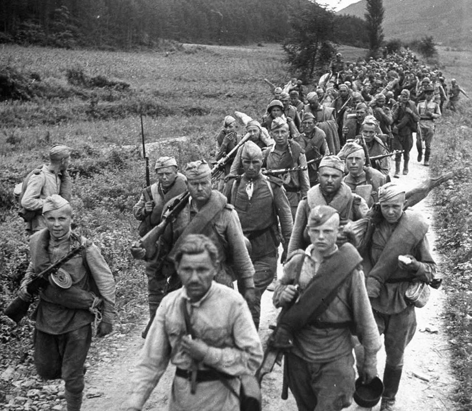 Soviet soldiers on the march in northern Korea in October of 1945. Japan had ruled the Korean peninsula for 35 years, until the end of World War II. At that time, Allied leaders decided to temporarily occupy the country until elections could be held and a government established. Soviet forces occupied the north, while U.S. forces occupied the south. The planned elections did not take place, as the Soviet Union established a communist state in North Korea, and the U.S. set up a pro-western state in South Korea - each state claiming to be sovereign over the entire peninsula. This standoff led to the Korean War in 1950, which ended in 1953 with the signing of an armistice -- but, to this day, the two countries are still technically at war with each other.