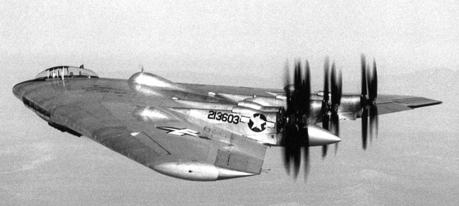 Northrop's Flying Wing Bomber known as the XB-35 in flight in 1946. The XB-35 was an experimental heavy bomber developed for the U.S. Army Air Force during World War II. The project was terminated shortly after the war, due to its technical difficulties.