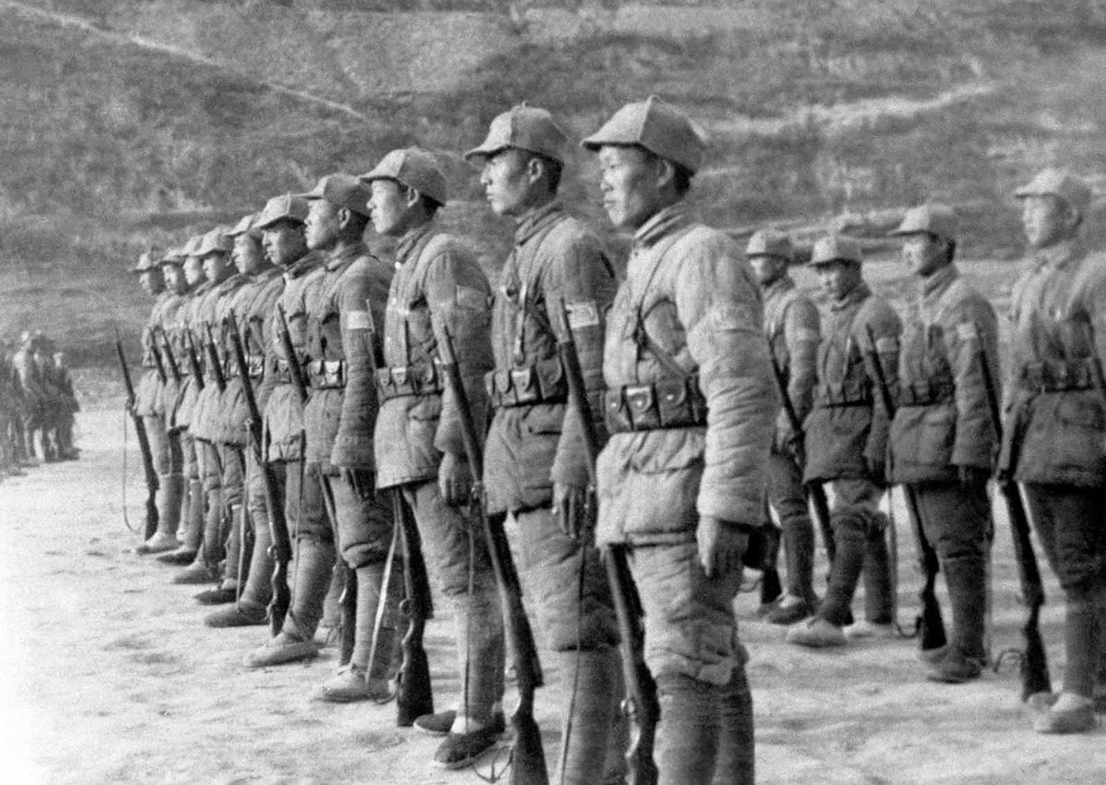 Soldiers of the Chinese communist Eighth Route Army on the drill field at Yanan, capital of a huge area in North China which is governed by the Chinese Communist Party, seen on March 26, 1946. These soldiers are members of the