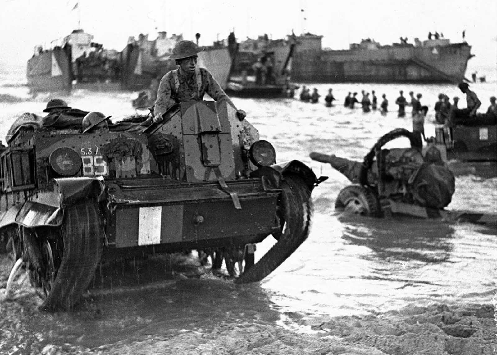 In July of 1943, Allied Forces' troops, guns and transport are rushed ashore, ready for action, at the opening of the Allied invasion of the Italian island of Sicily.