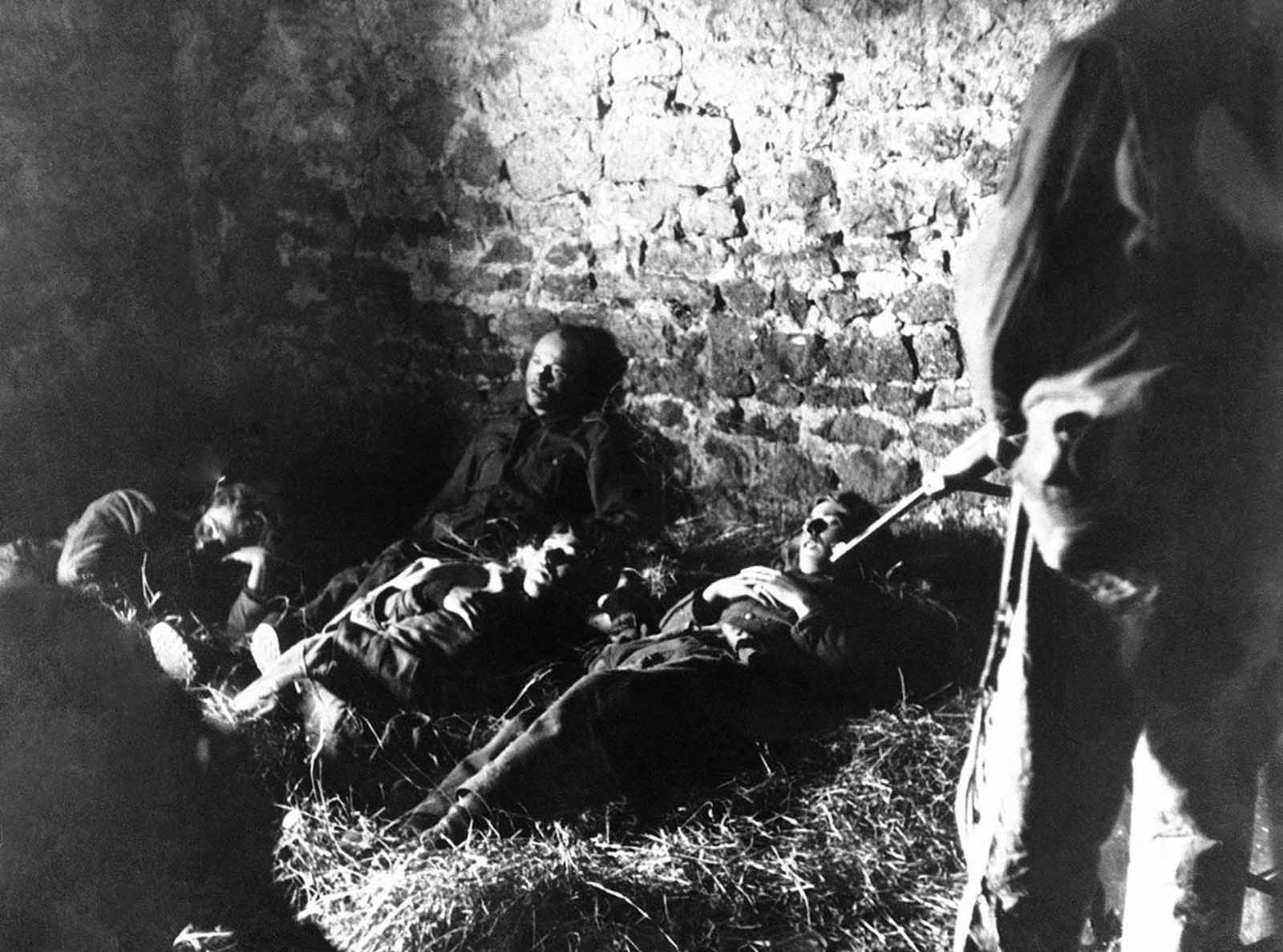 These five Germans were wounded and left without food or water for three days, hiding in a Normandy farmhouse waiting for a chance to surrender. Acting on information received from a French couple, U.S. soldiers went to the barn only to be attacked by snipers who seemed determined upon preventing their comrades from falling into Allied hands. After a skirmish, the snipers were dealt with and the wounded Germans taken captive, in France on June 14, 1944.