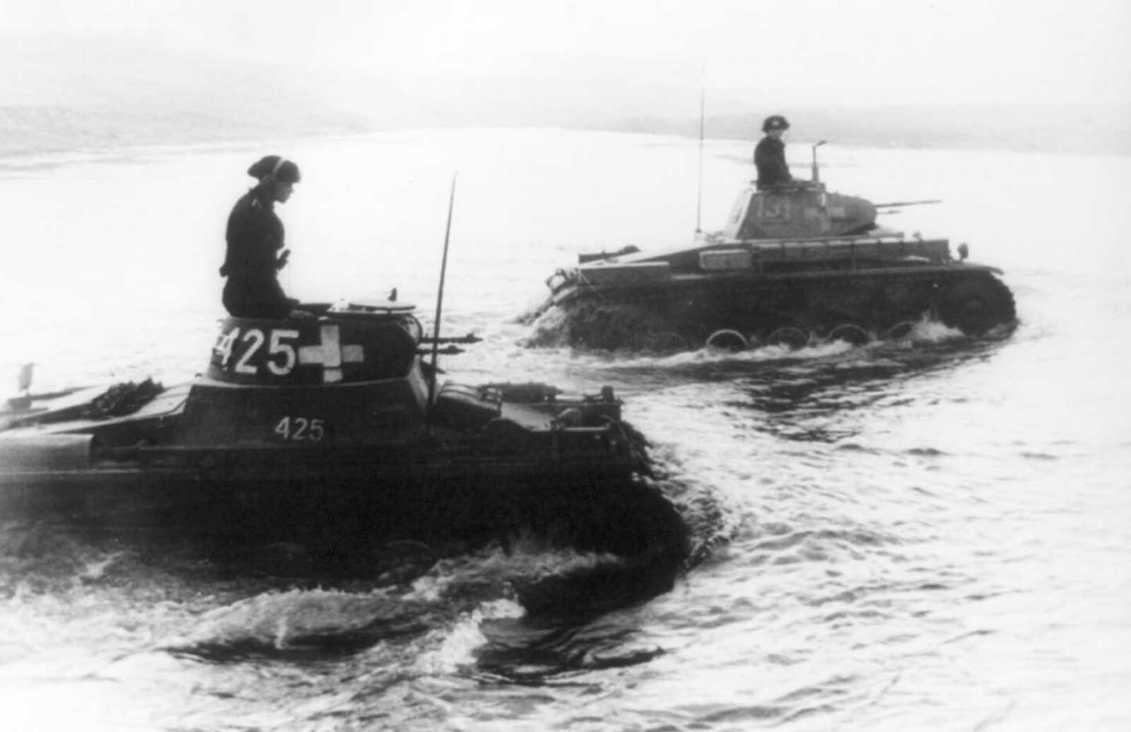 Two tanks of the SS-Leibstandarte Adolf Hitler Division cross the Bzura River during the German invasion of Poland in September of 1939. The Battle of Bzura, the largest of the entire campaign, lasted more than a week, ending with the German forces capturing most of western Poland.