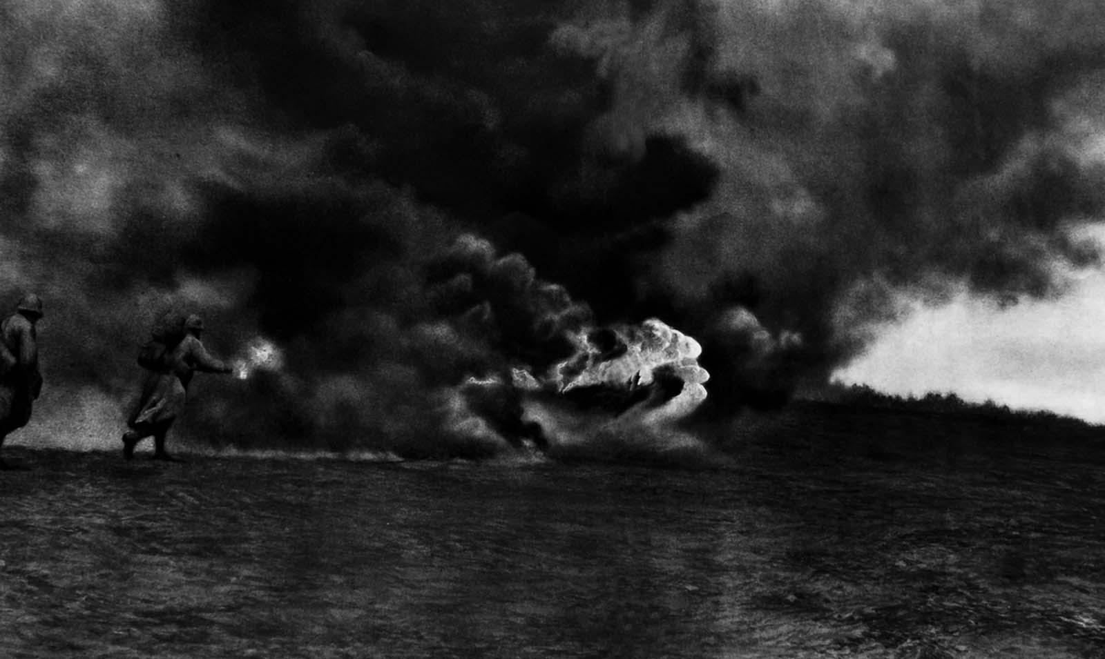 French flamethrowers attack a German position. 1916.
