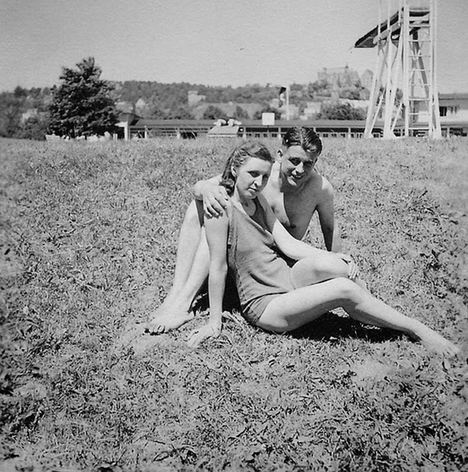 Off-duty Wehrmacht soldier spending a day at the pool with his girlfriend.