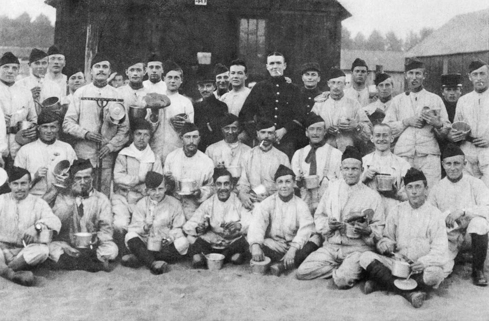 Belgian refugee soldiers in their camp at Hyde near Manchester. 1915