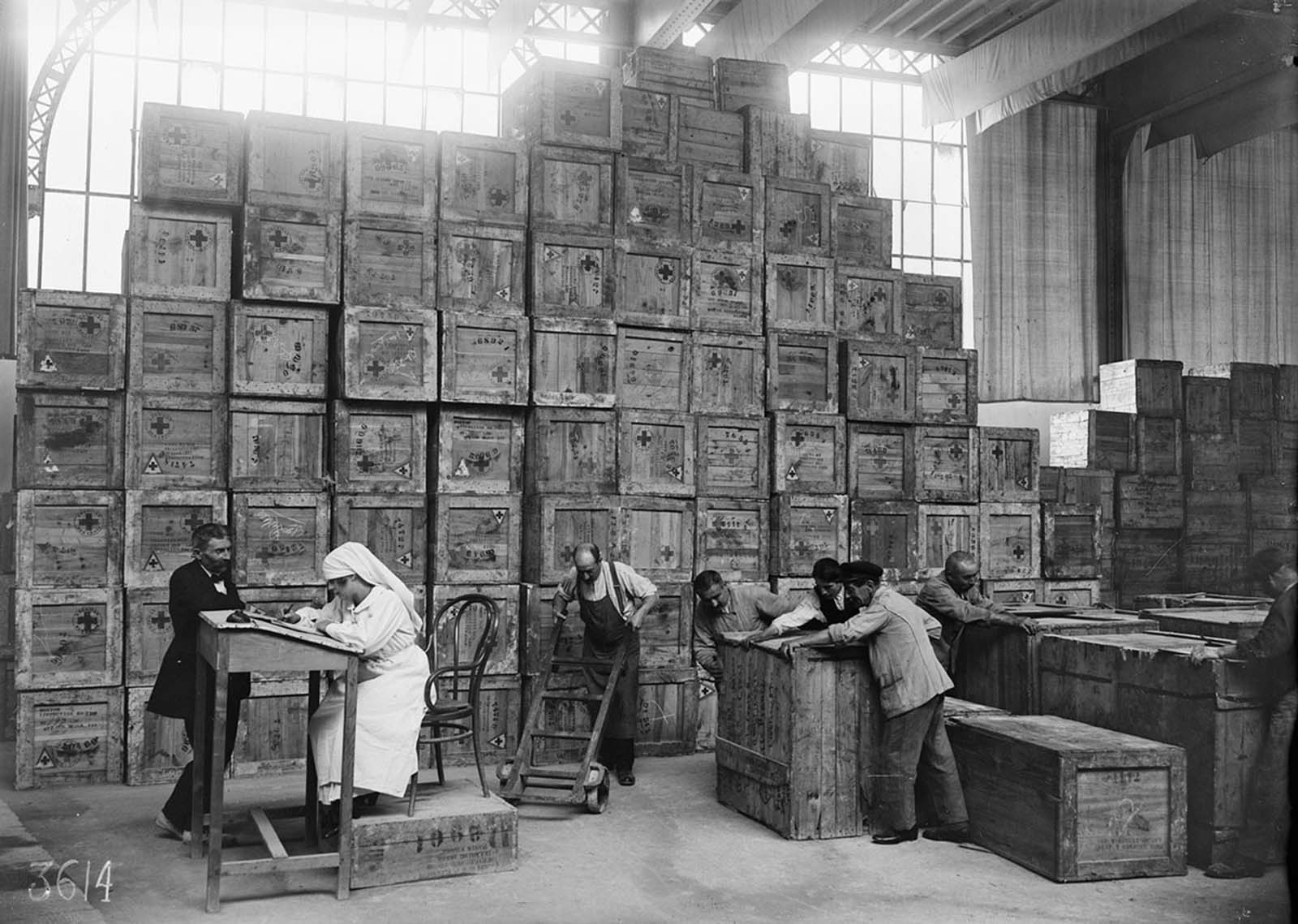 Parcels bound for the front line, at an American Red Cross facility in Paris in July of 1918.
