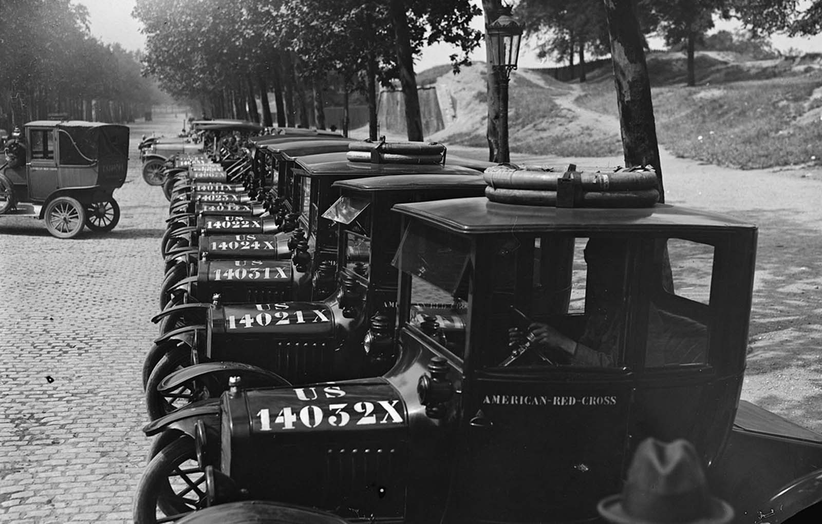 Cars of American Red Cross Transportation Department, set up for inspection by Majors Perkins and Osborne on July 7, 1918.