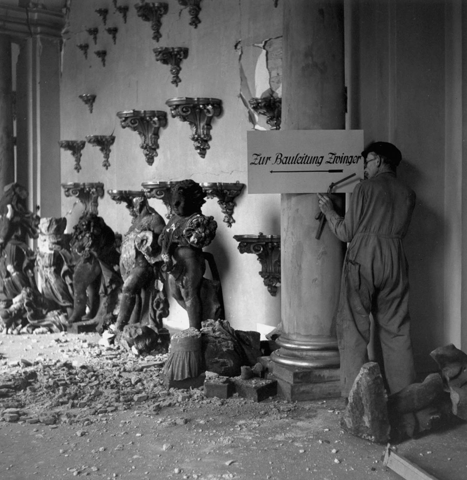 A man works on restoring the Zwinger art gallery. 1946.