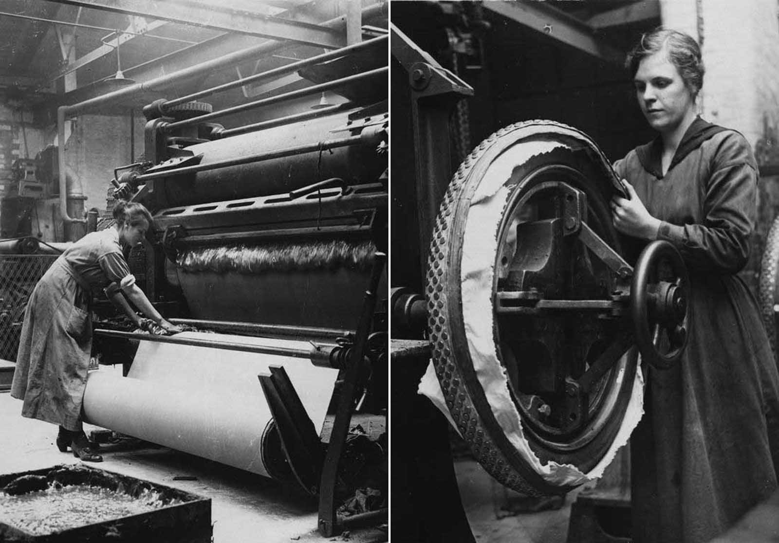 (Left) A rubber worker operates a spreading machine in a tire factory. (Right) A worker shapes a tire.