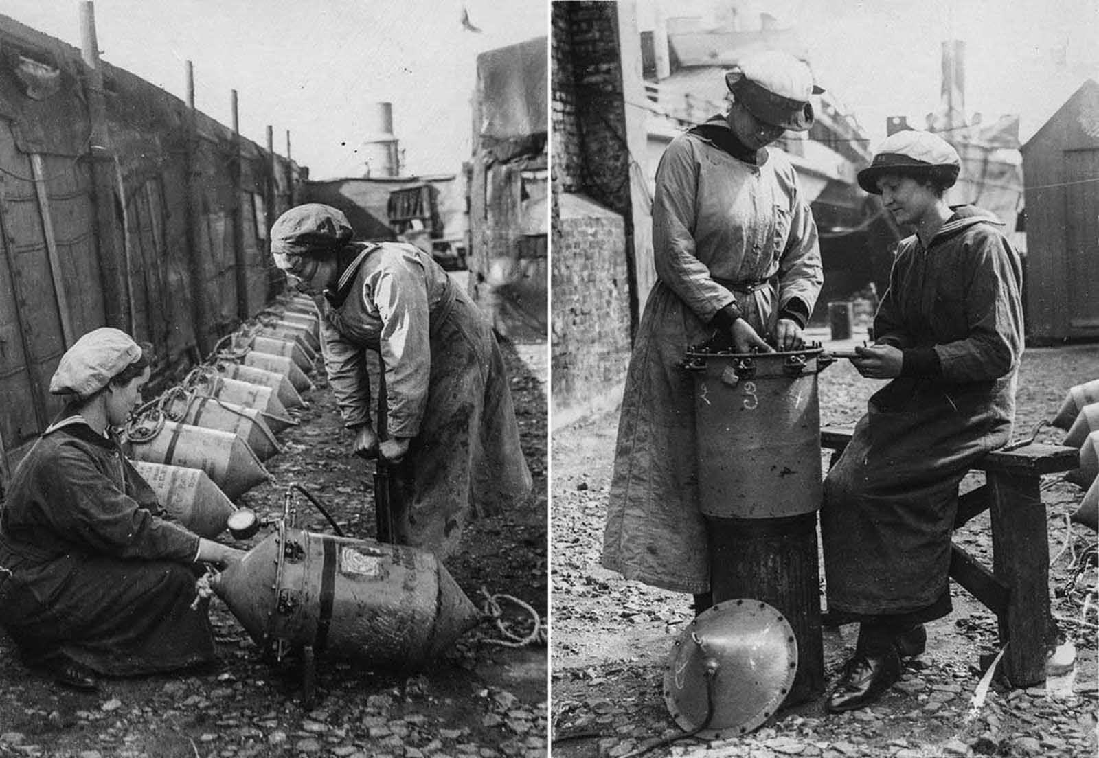 (Left) Workers test a mine with air pressure. (Right) WRNS workers fit a mine.
