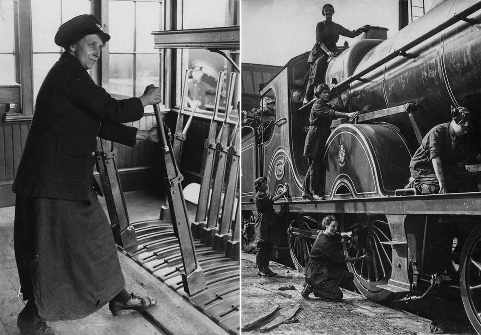 (Left) A railway worker operates signal box levers. (Right) Workers clean a locomotive.