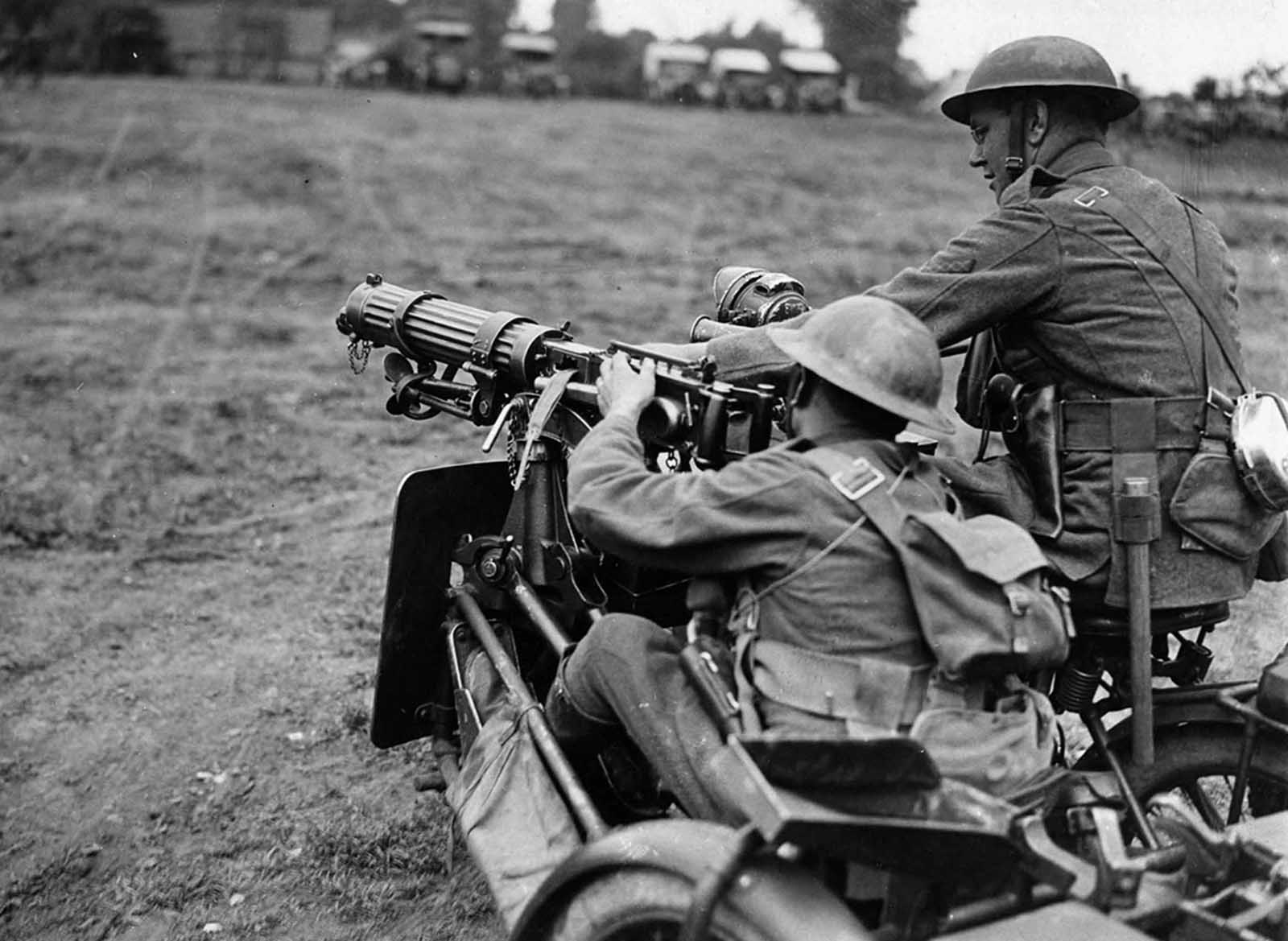 In France, a British machine-gun team. The gun, which appears to be a Vickers, is mounted on the front of a motorcycle side car.