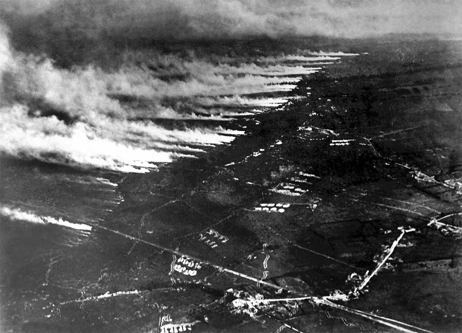 French soldiers make a gas and flame attack on German trenches in Flanders, Belgium, on January 1, 1917. Both sides used different gases as weapons during the war, both asphyxiants and irritants, often to devastating effect.