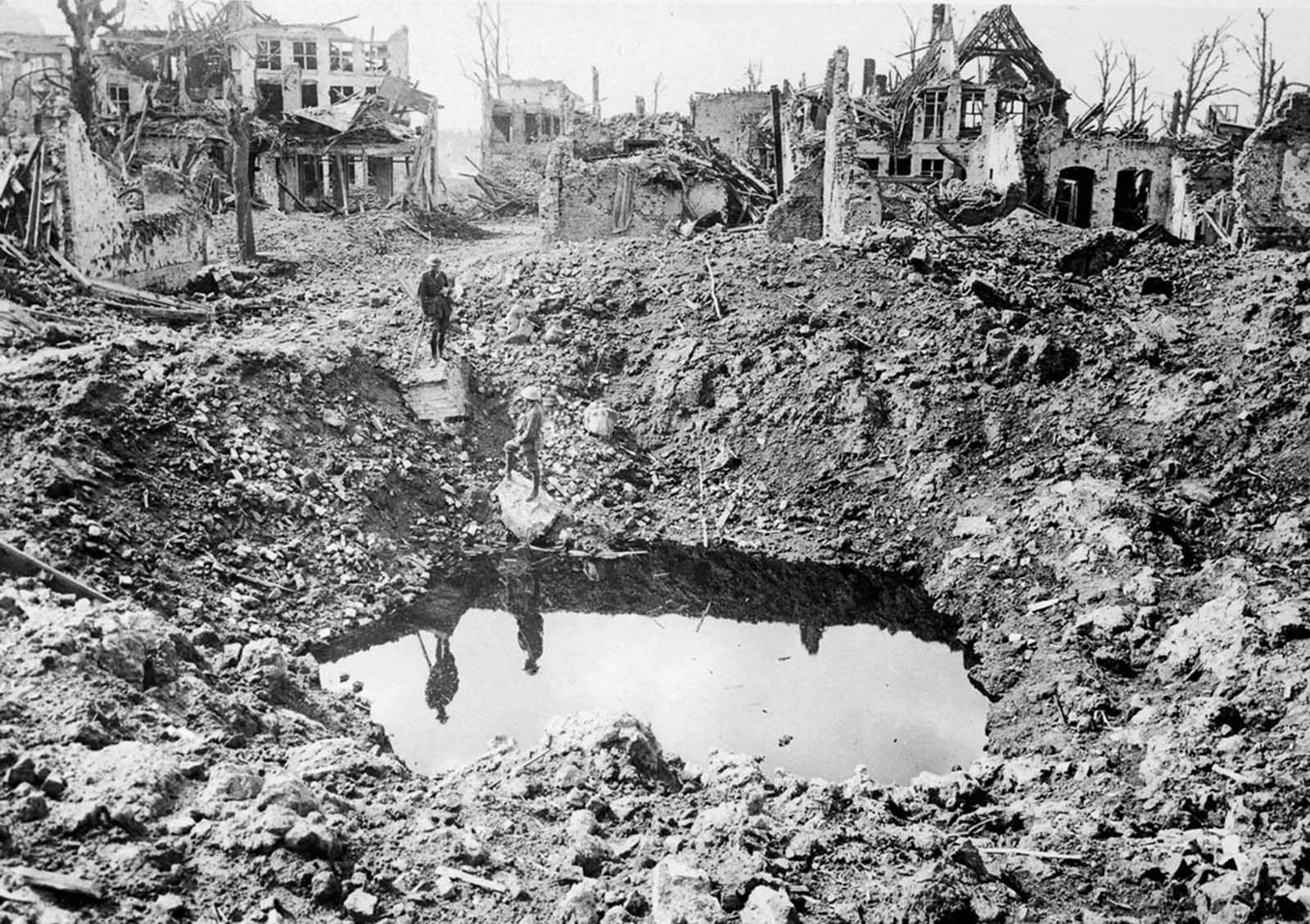 A gigantic shell crater, 75 yards in circumference, Ypres, Belgium, October 1917.