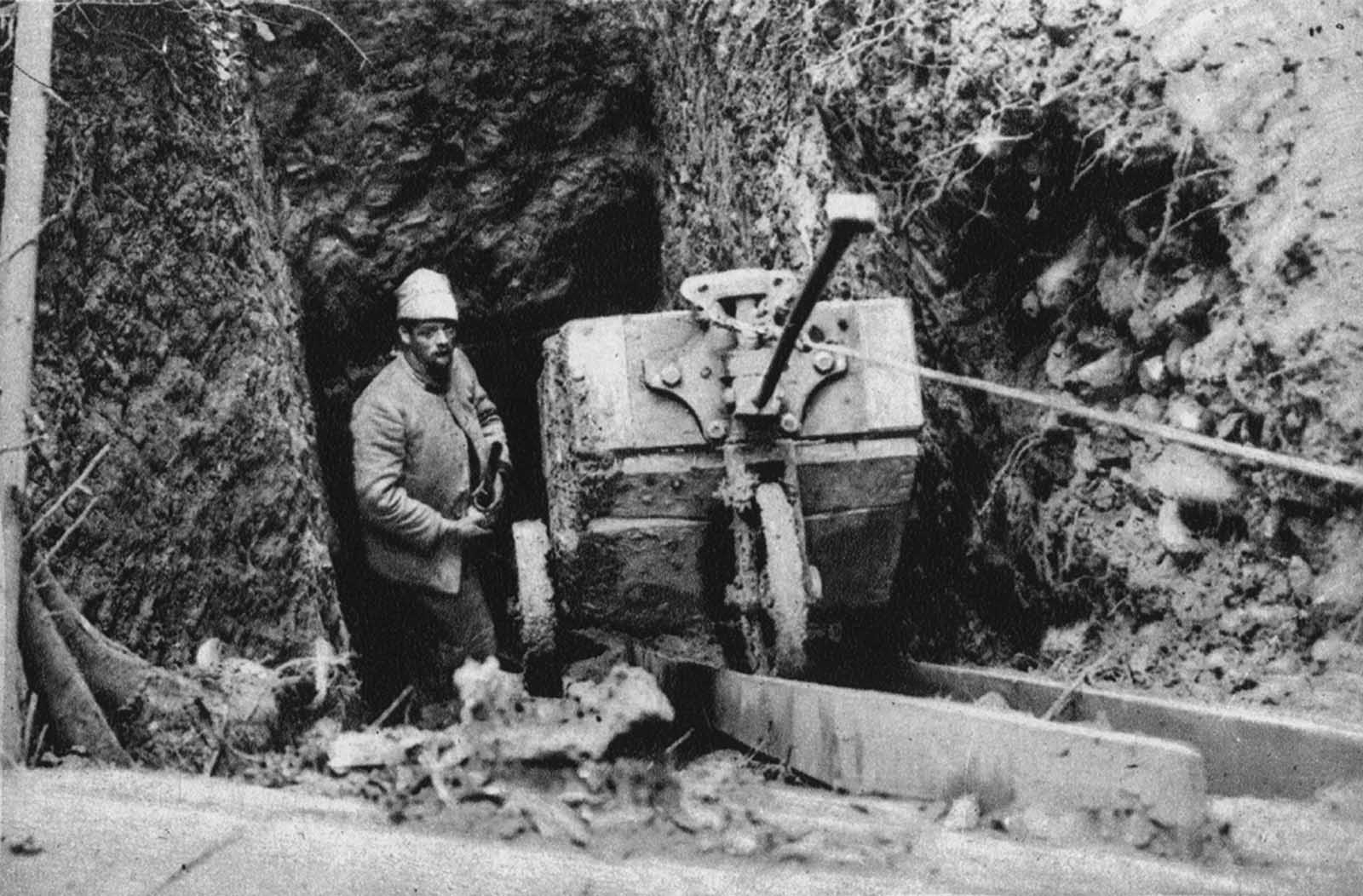 A mine tunnel is dug under the German lines on the Vosges front, on October 19, 1916. The sappers worked at a depth of about 17 meters, until they reached a spot below enemy positions, when large explosives would be placed and later detonated, destroying anything above.