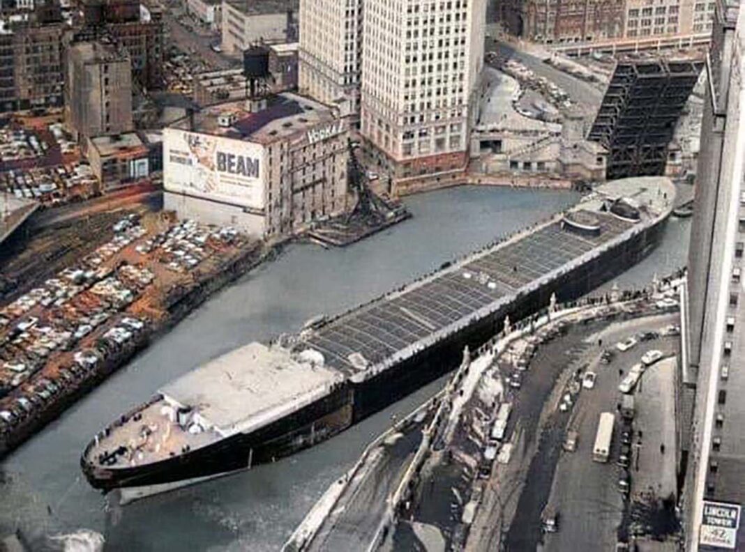 Stunning vintage photos of the Marine Angel vessel transiting the Chicago River, 1953